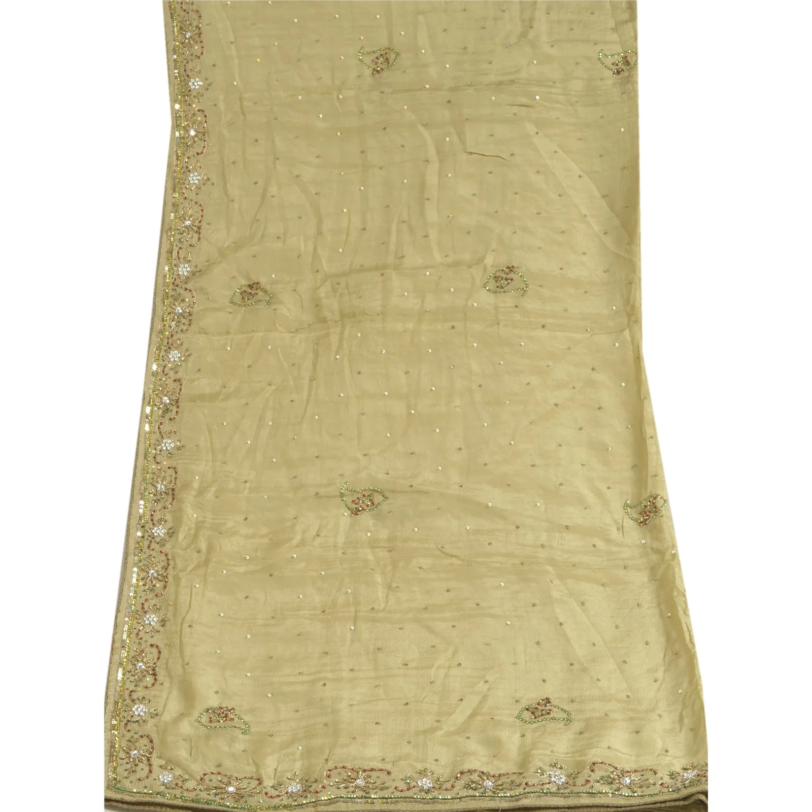 Sanskriti Vintage Cream Long Dupatta Stole 100% Pure Silk Hand Beaded Scarves