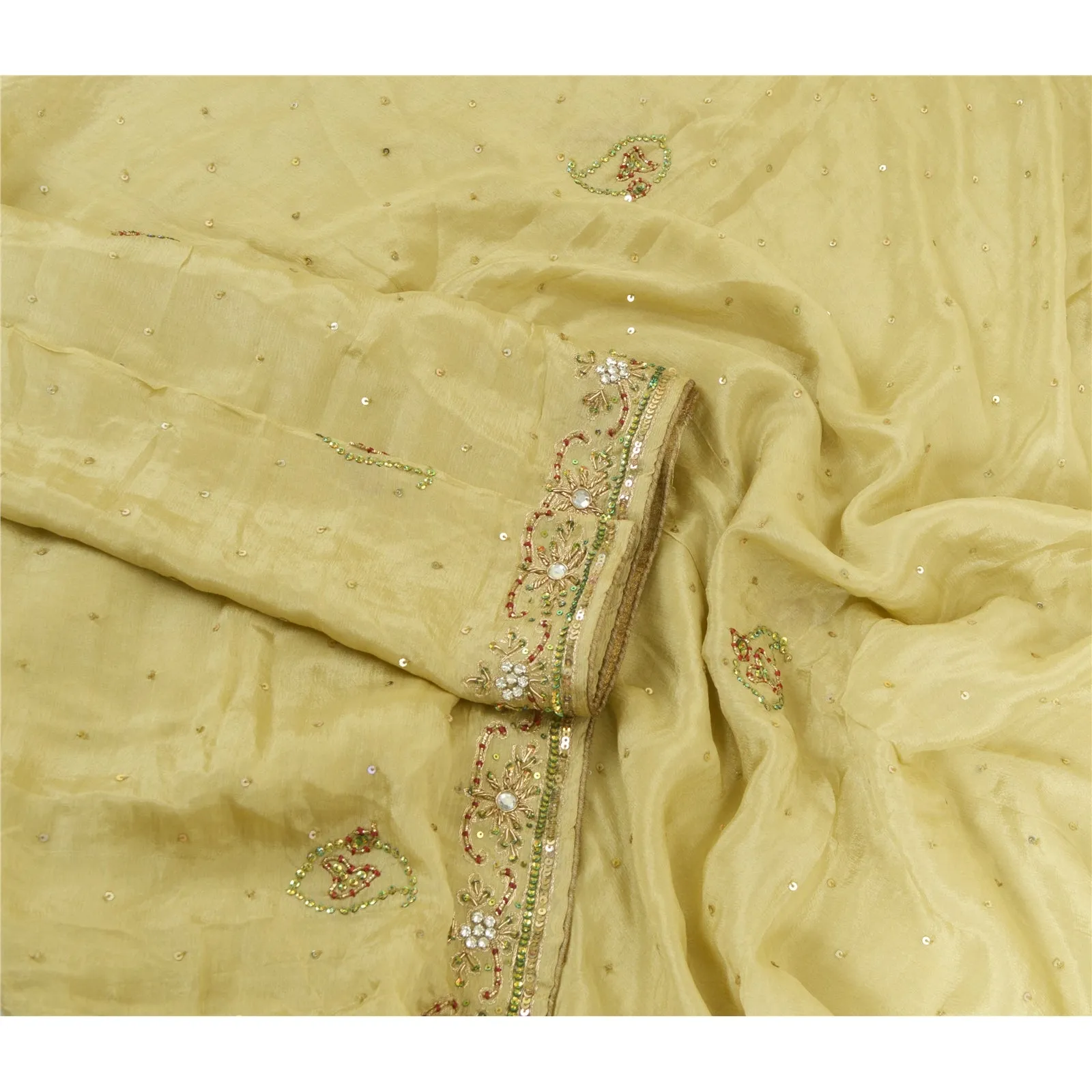 Sanskriti Vintage Cream Long Dupatta Stole 100% Pure Silk Hand Beaded Scarves