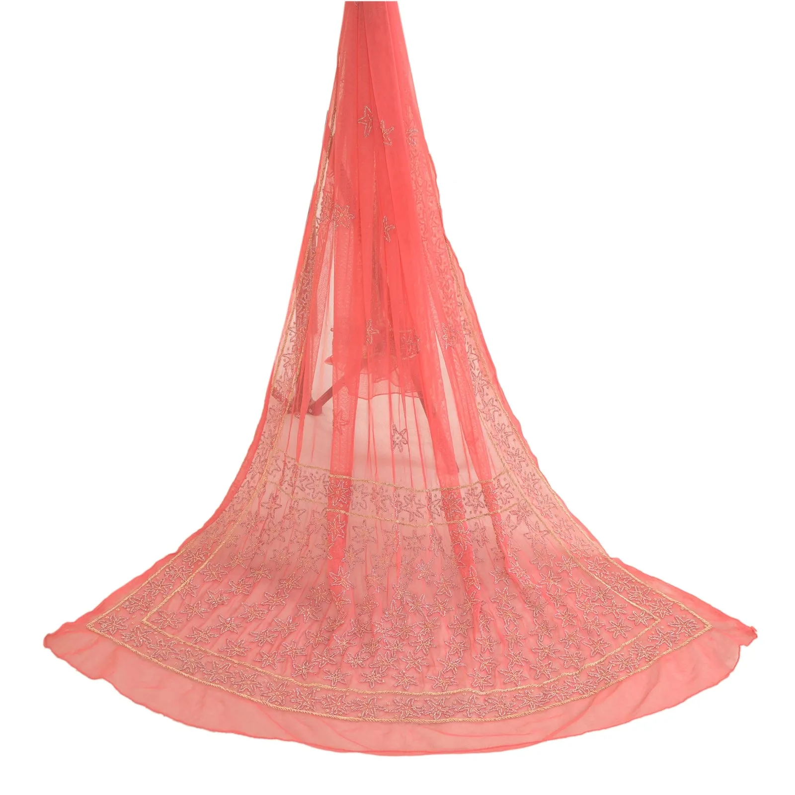 Sanskriti Vintage Dupatta Long Stole Net Mesh Peach Veil Hand Beaded Scarves