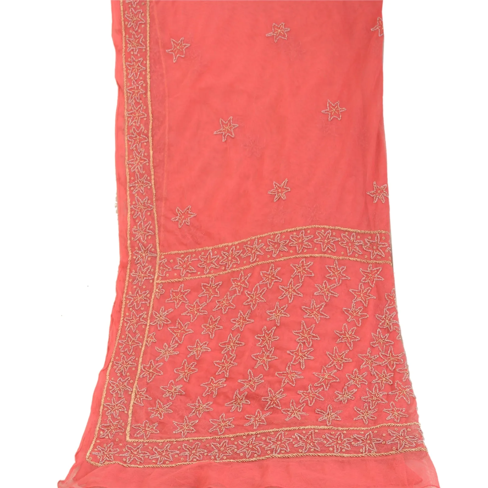 Sanskriti Vintage Dupatta Long Stole Net Mesh Peach Veil Hand Beaded Scarves