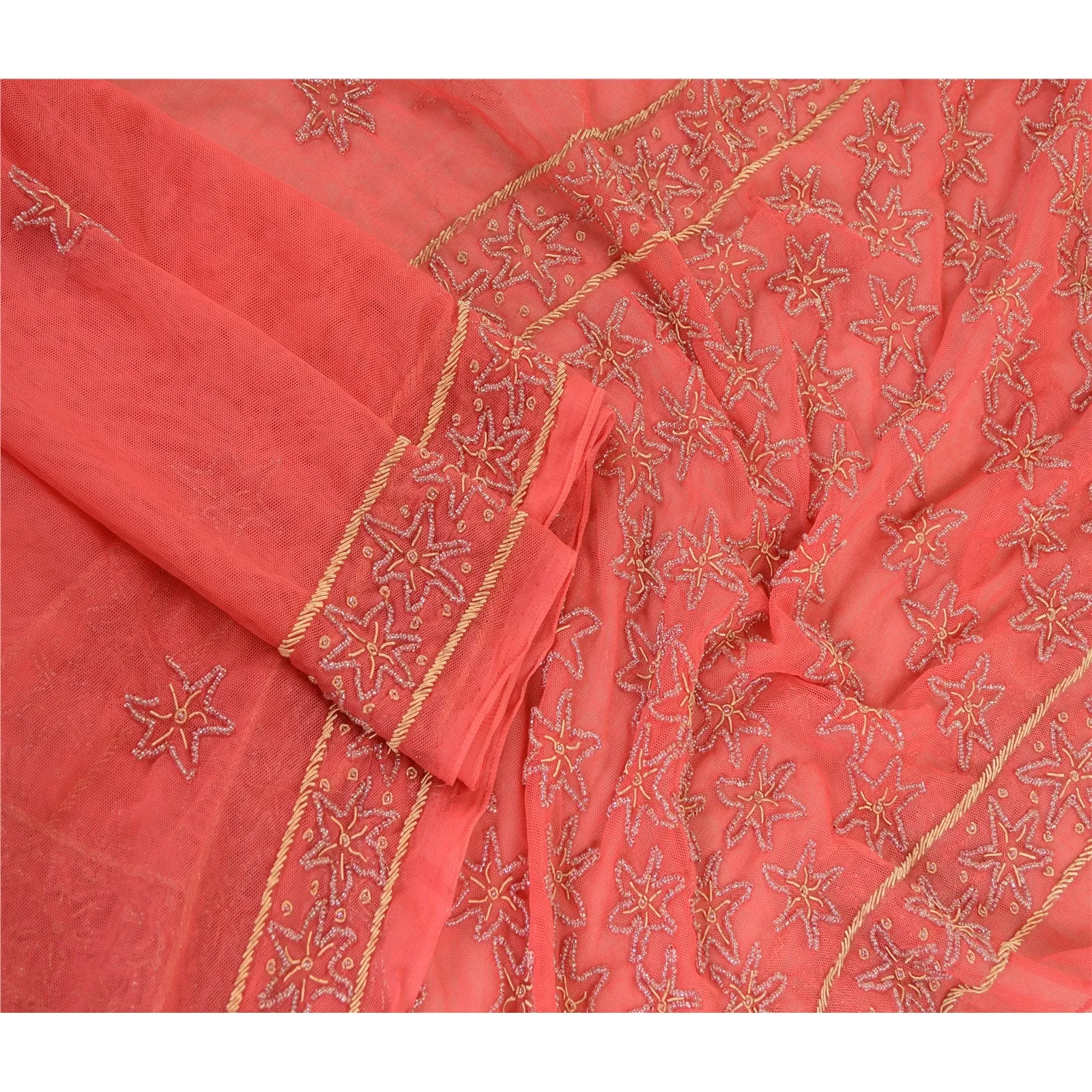 Sanskriti Vintage Dupatta Long Stole Net Mesh Peach Veil Hand Beaded Scarves