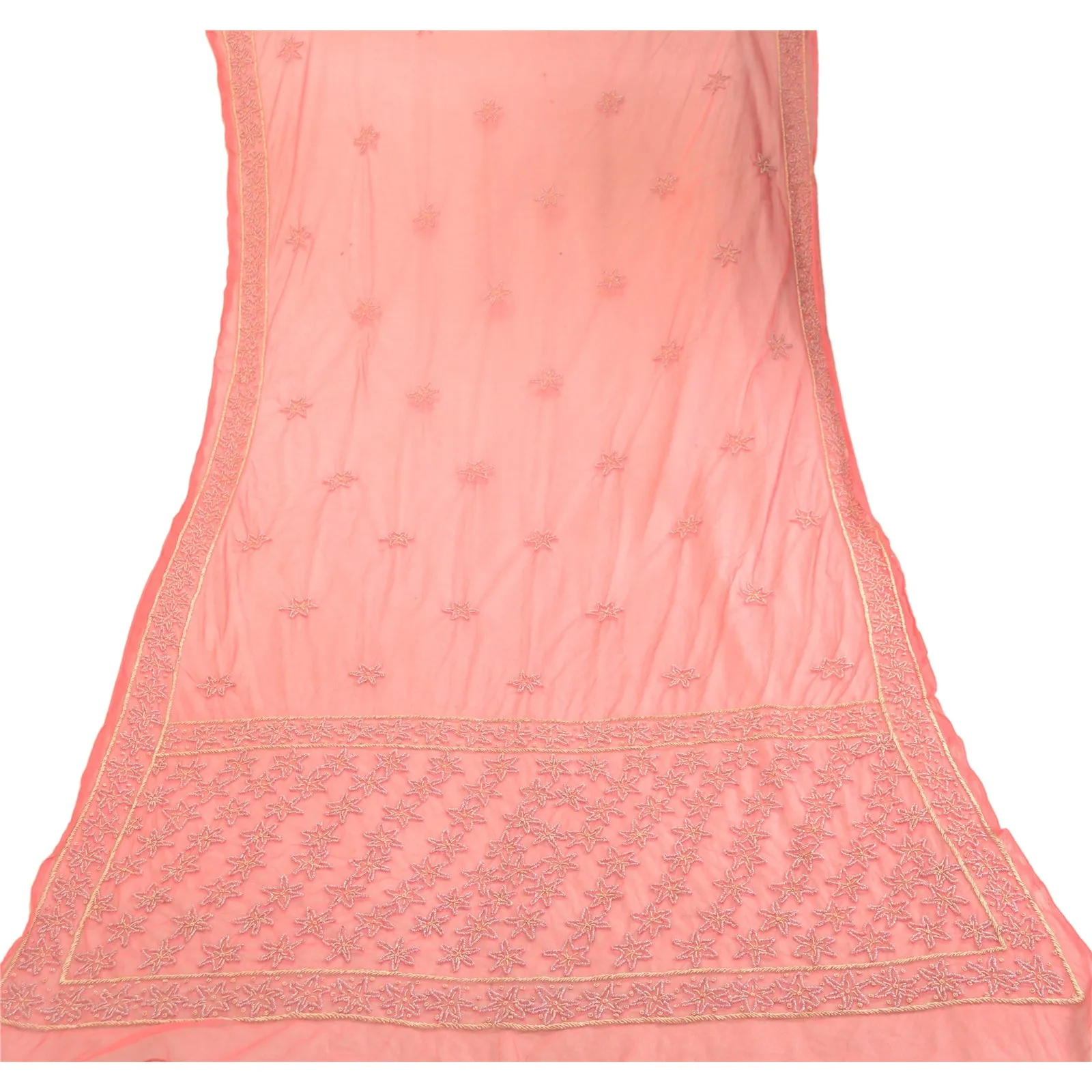 Sanskriti Vintage Dupatta Long Stole Net Mesh Peach Veil Hand Beaded Scarves