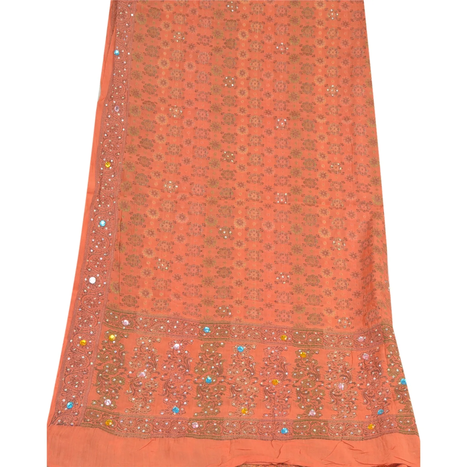 Sanskriti Vintage Dupatta Long Stole Pure Silk Orange Hand Beaded Woven Scarves