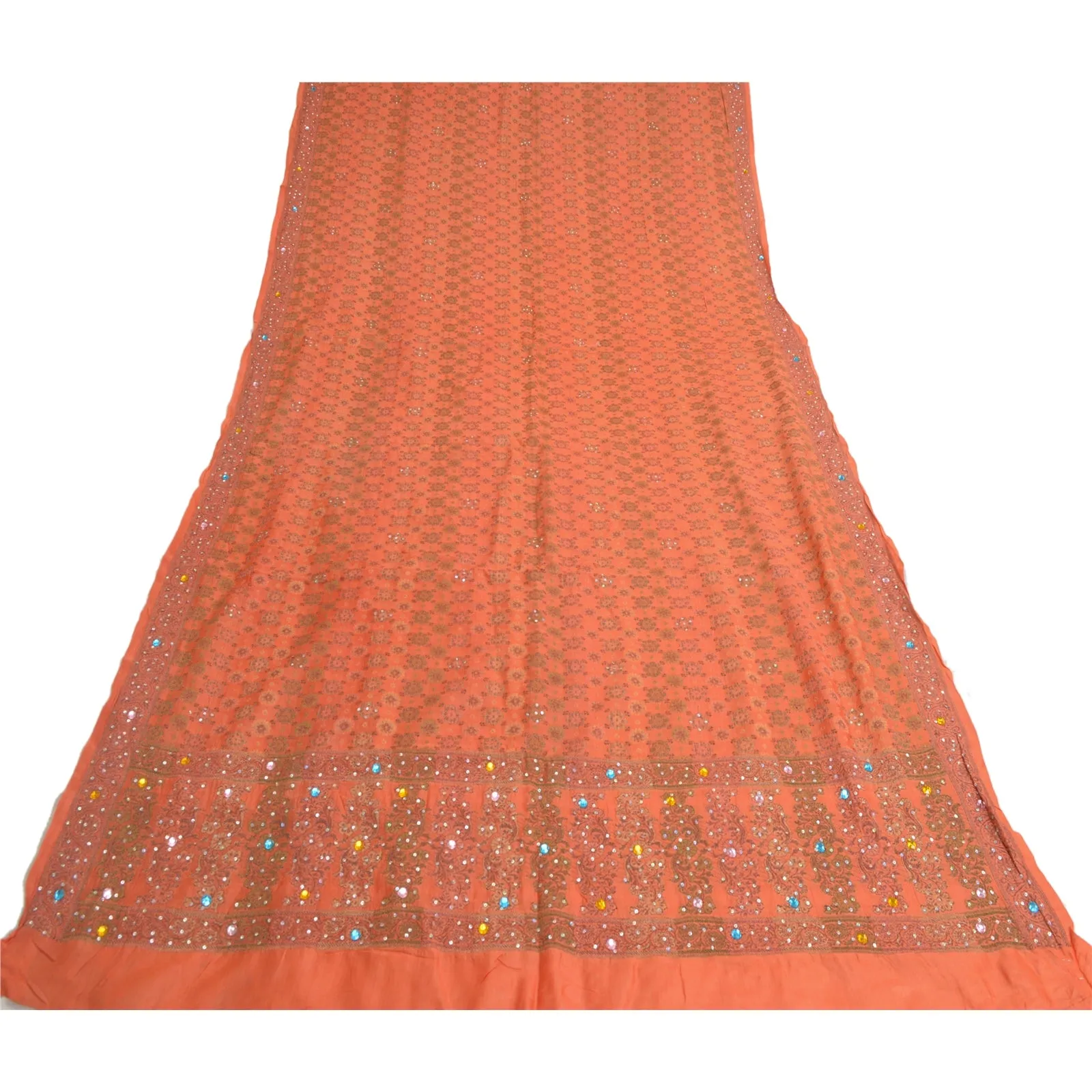 Sanskriti Vintage Dupatta Long Stole Pure Silk Orange Hand Beaded Woven Scarves