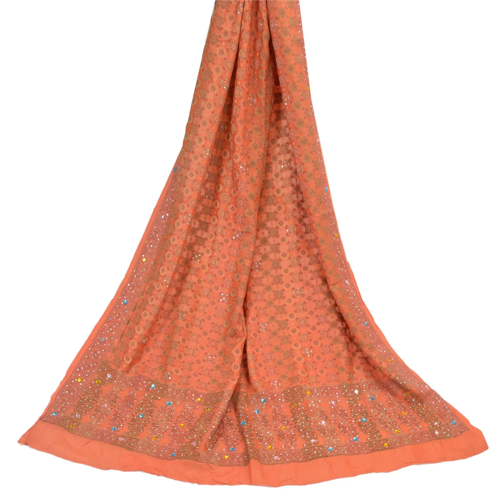 Sanskriti Vintage Dupatta Long Stole Pure Silk Orange Hand Beaded Woven Scarves