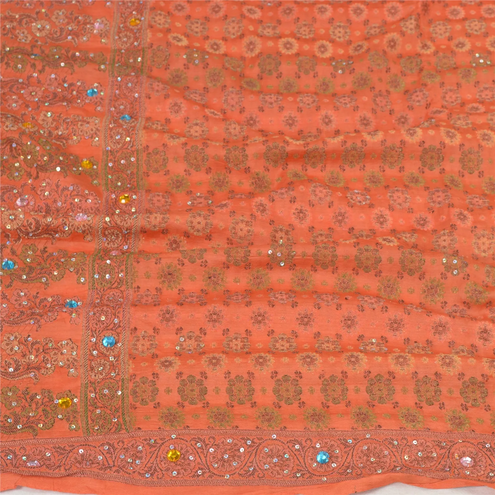 Sanskriti Vintage Dupatta Long Stole Pure Silk Orange Hand Beaded Woven Scarves