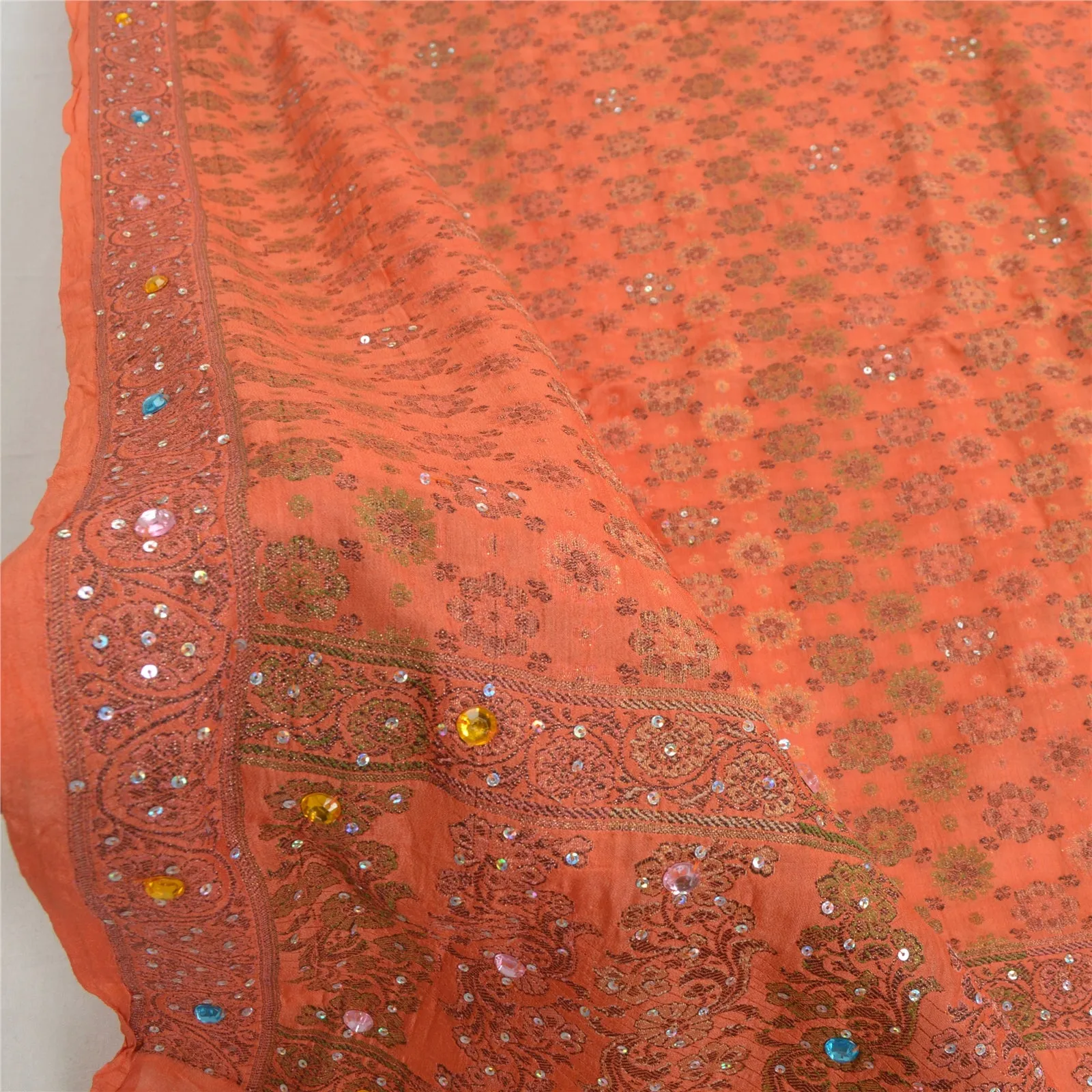 Sanskriti Vintage Dupatta Long Stole Pure Silk Orange Hand Beaded Woven Scarves