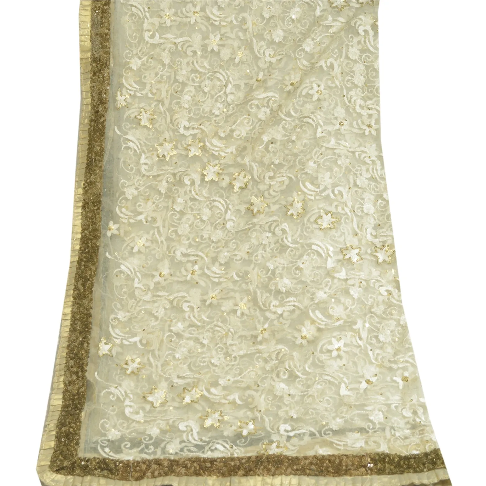 Sanskriti Vintage Ivory Long Dupatta Stole Net Mesh Veil Hand Beaded Scarves