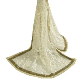 Sanskriti Vintage Ivory Long Dupatta Stole Net Mesh Veil Hand Beaded Scarves