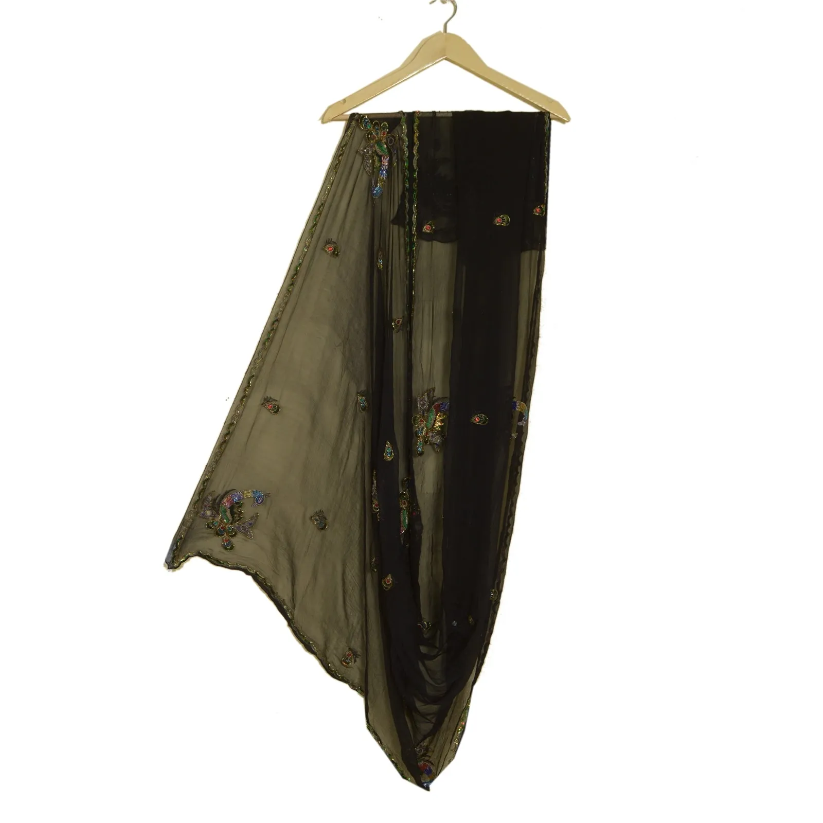 Sanskriti Vintage Long Black Dupatta/Stole Pure Chiffon Silk Hand Beaded Scarves