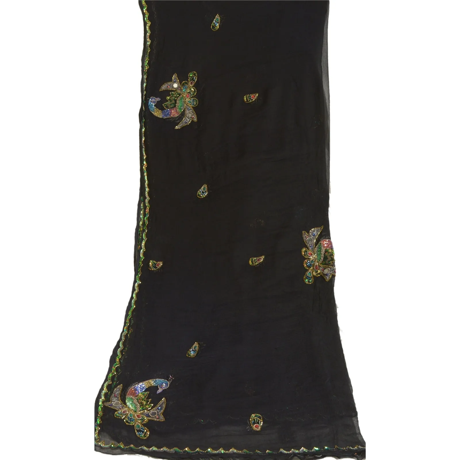 Sanskriti Vintage Long Black Dupatta/Stole Pure Chiffon Silk Hand Beaded Scarves