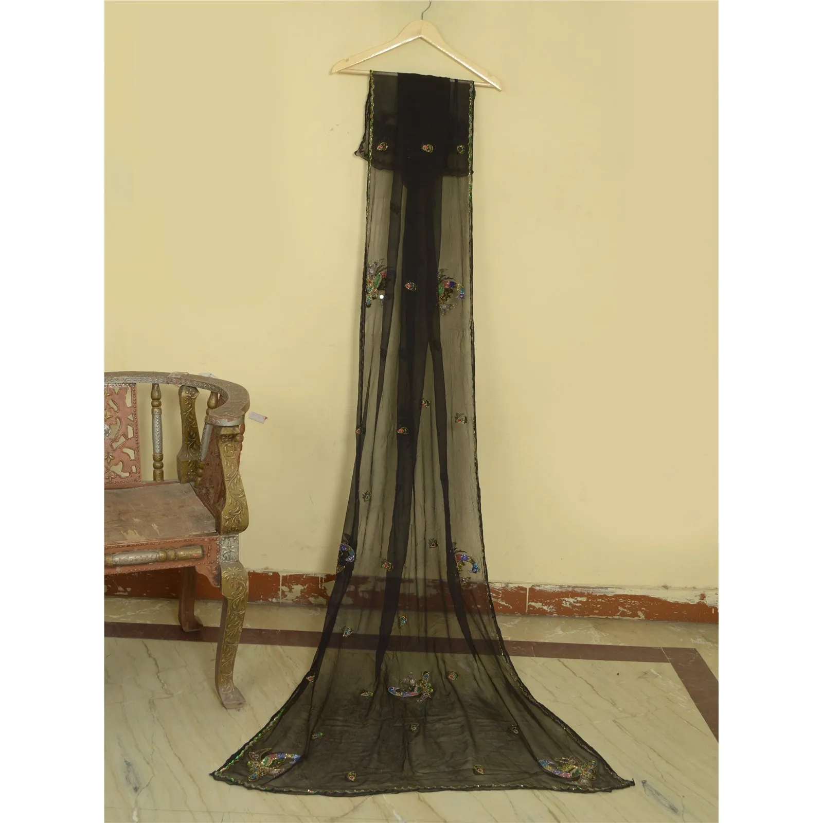 Sanskriti Vintage Long Black Dupatta/Stole Pure Chiffon Silk Hand Beaded Scarves