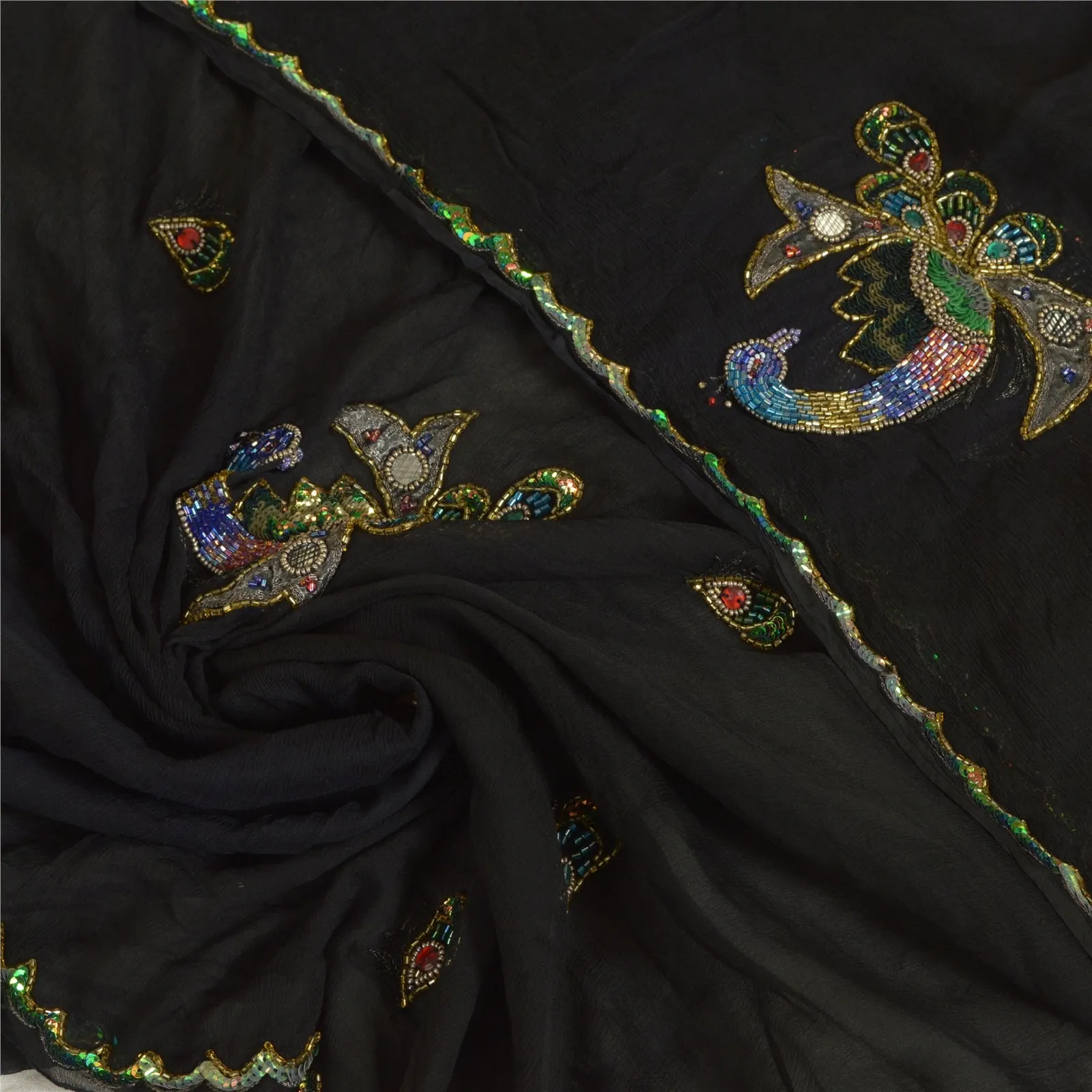 Sanskriti Vintage Long Black Dupatta/Stole Pure Chiffon Silk Hand Beaded Scarves