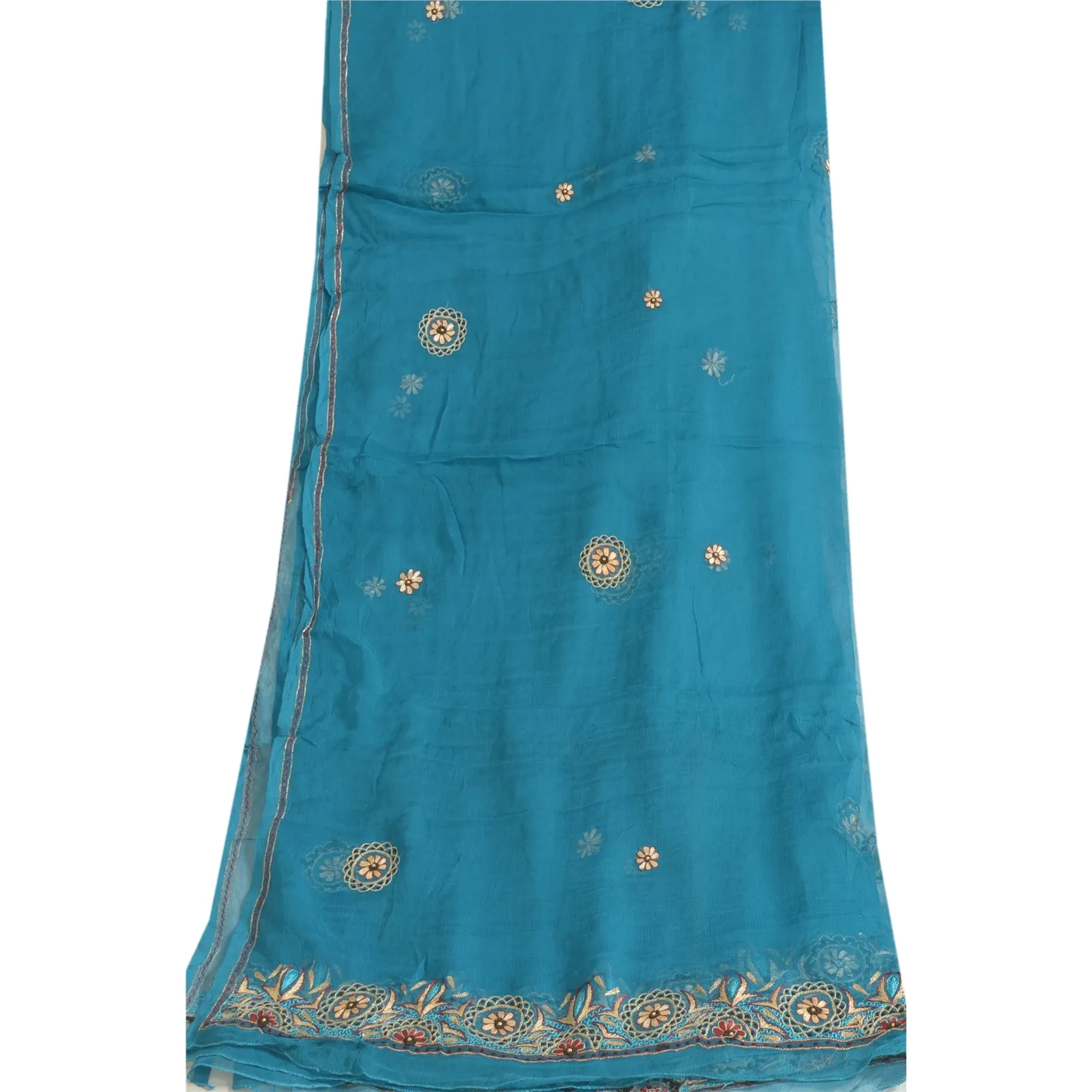 Sanskriti Vintage Long Blue Dupatta/Stole Pure Chiffon Silk Hand Beaded Scarves