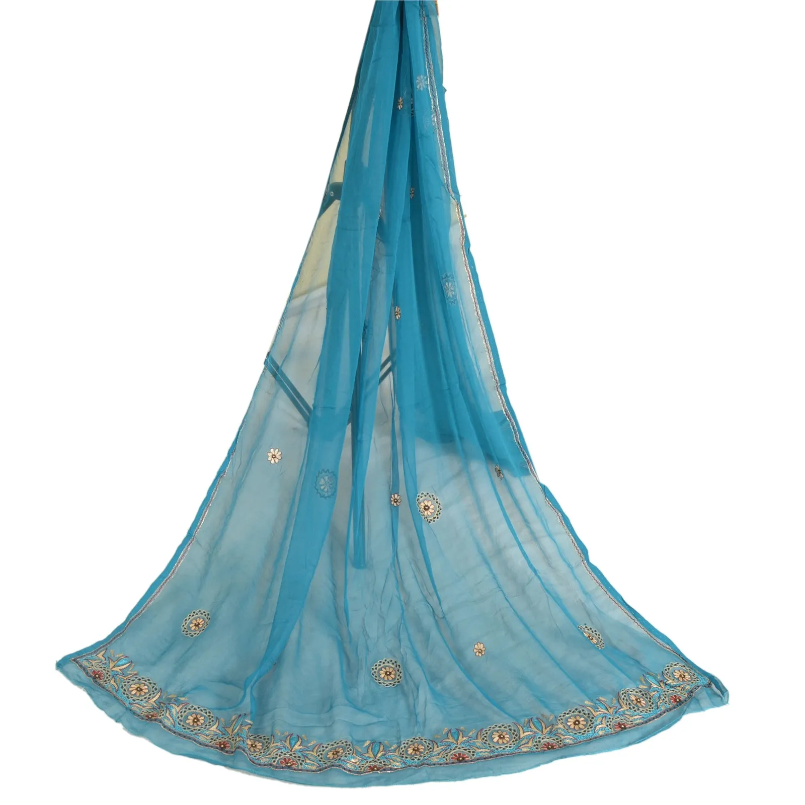 Sanskriti Vintage Long Blue Dupatta/Stole Pure Chiffon Silk Hand Beaded Scarves