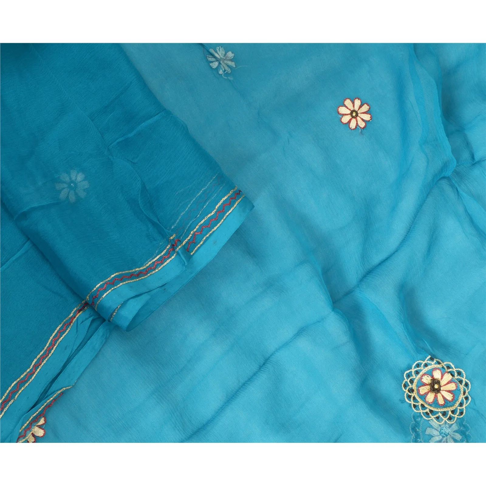 Sanskriti Vintage Long Blue Dupatta/Stole Pure Chiffon Silk Hand Beaded Scarves