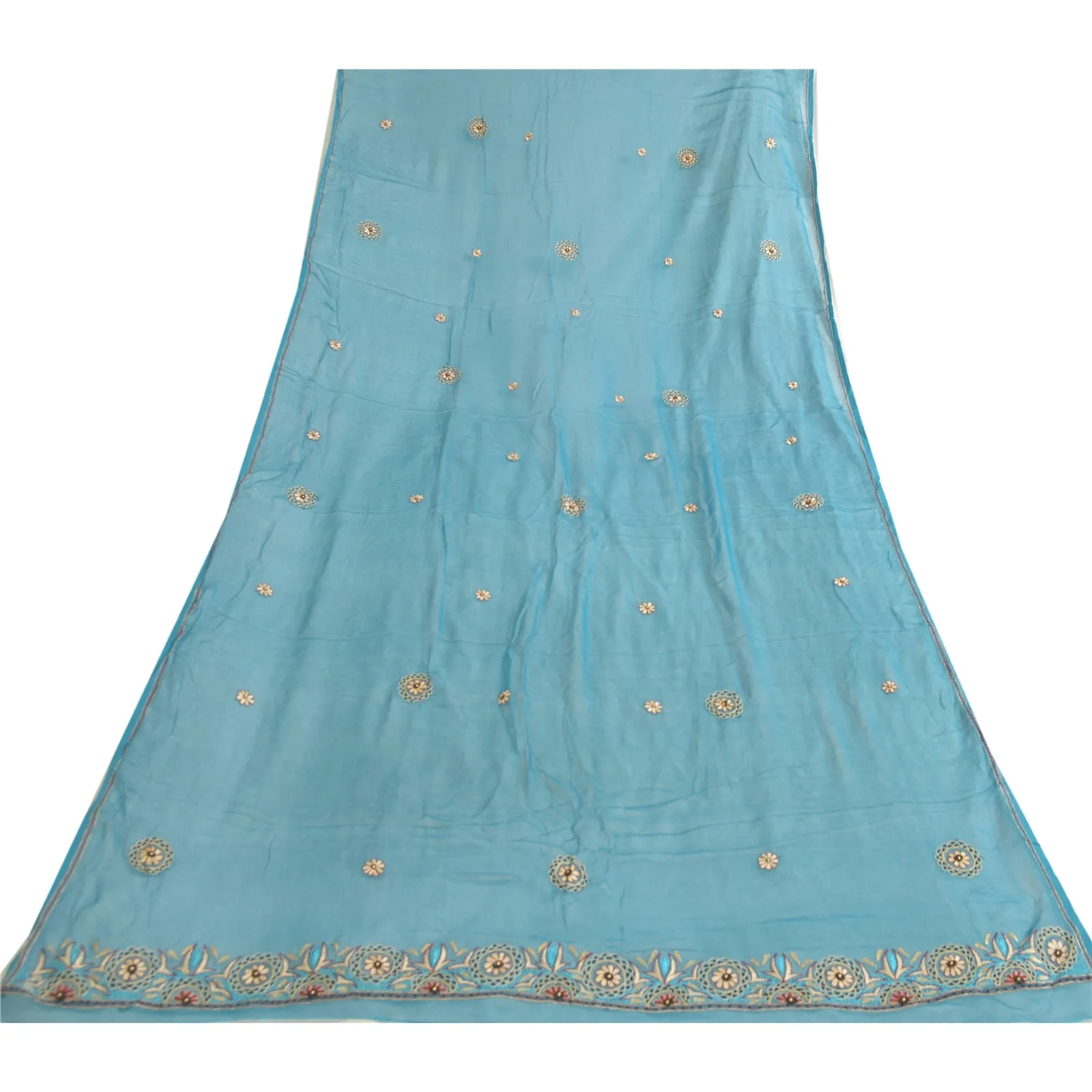 Sanskriti Vintage Long Blue Dupatta/Stole Pure Chiffon Silk Hand Beaded Scarves