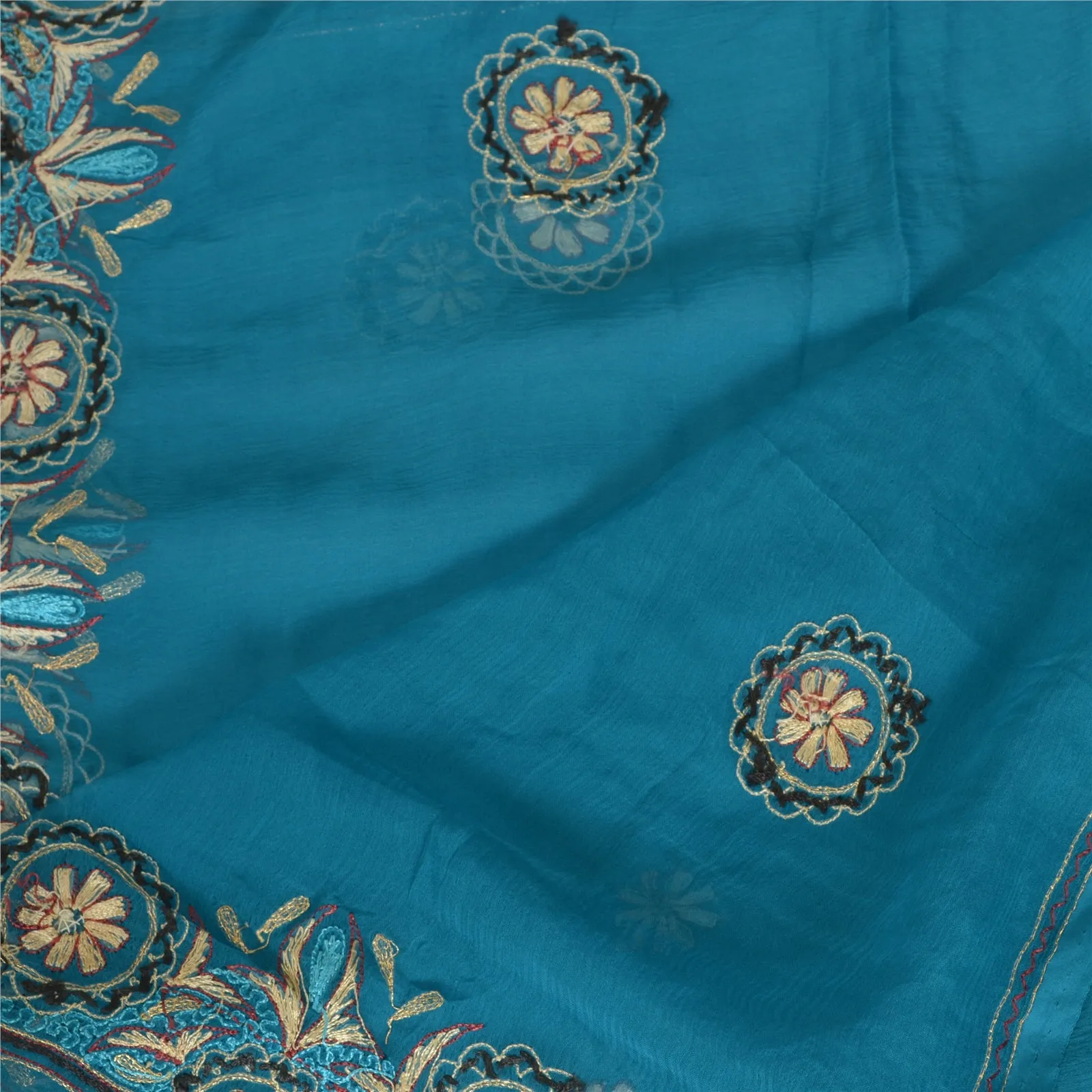 Sanskriti Vintage Long Blue Dupatta/Stole Pure Chiffon Silk Hand Beaded Scarves