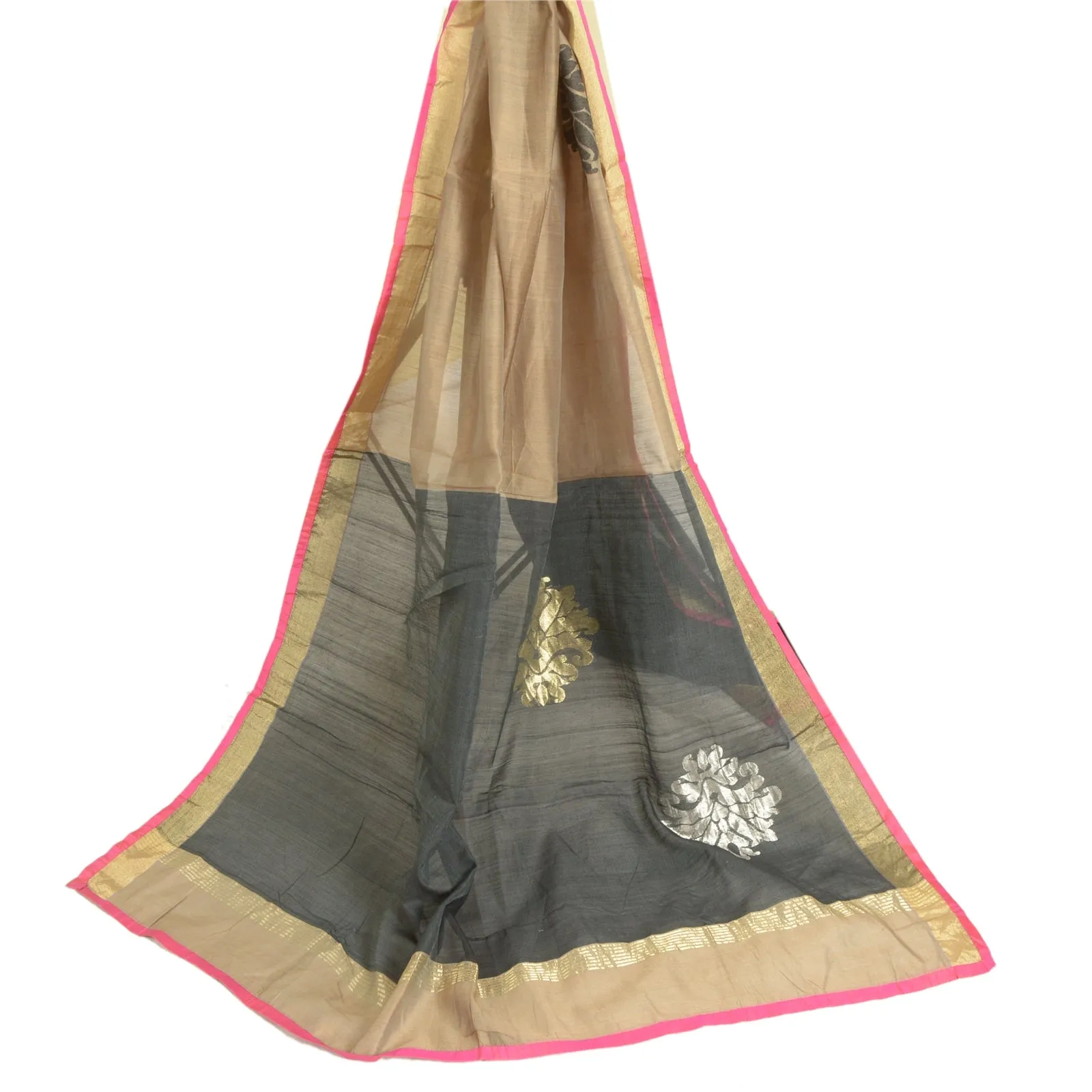 Sanskriti Vintage Long Dupatta Stole Cotton Silk Brown/Black Woven Scarves