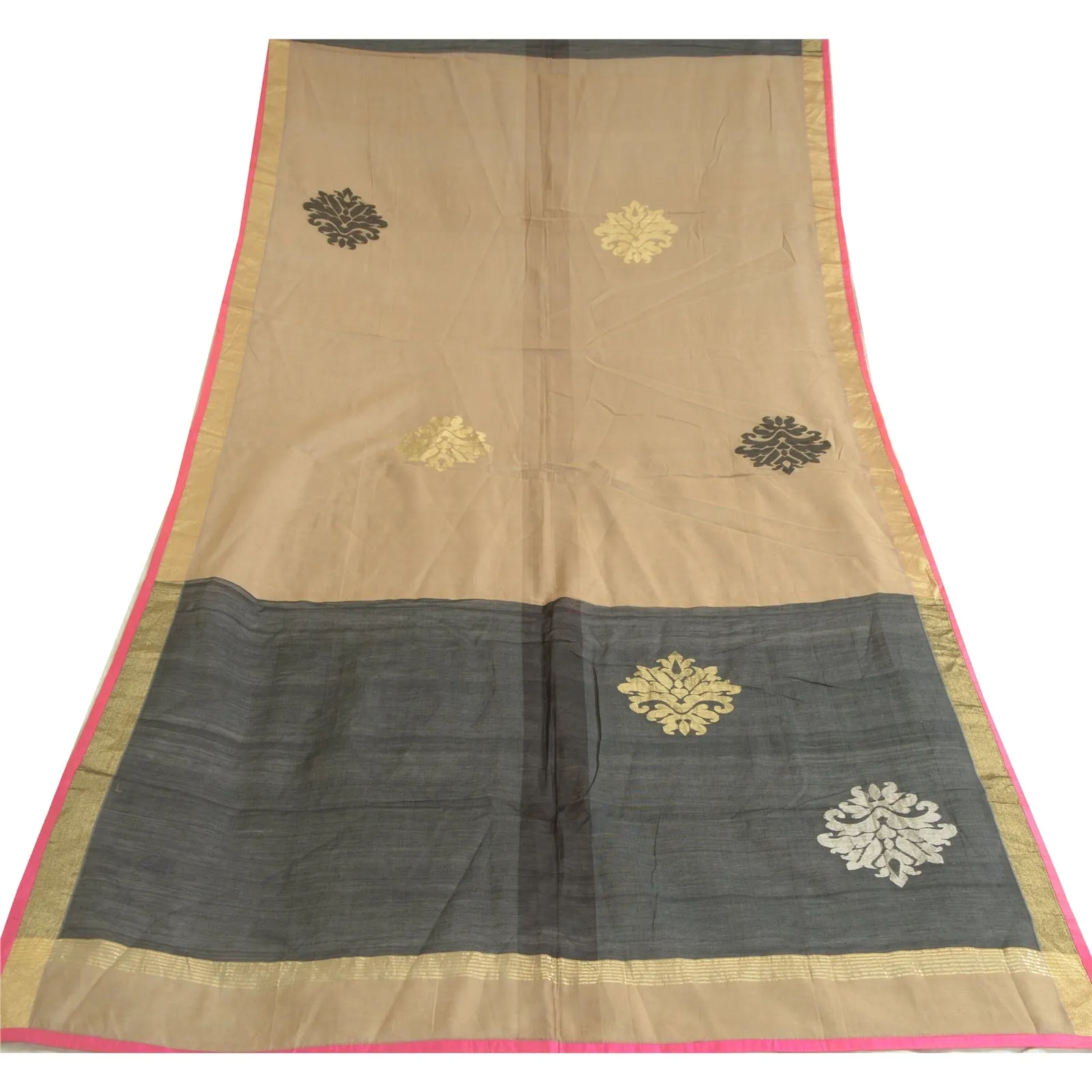 Sanskriti Vintage Long Dupatta Stole Cotton Silk Brown/Black Woven Scarves