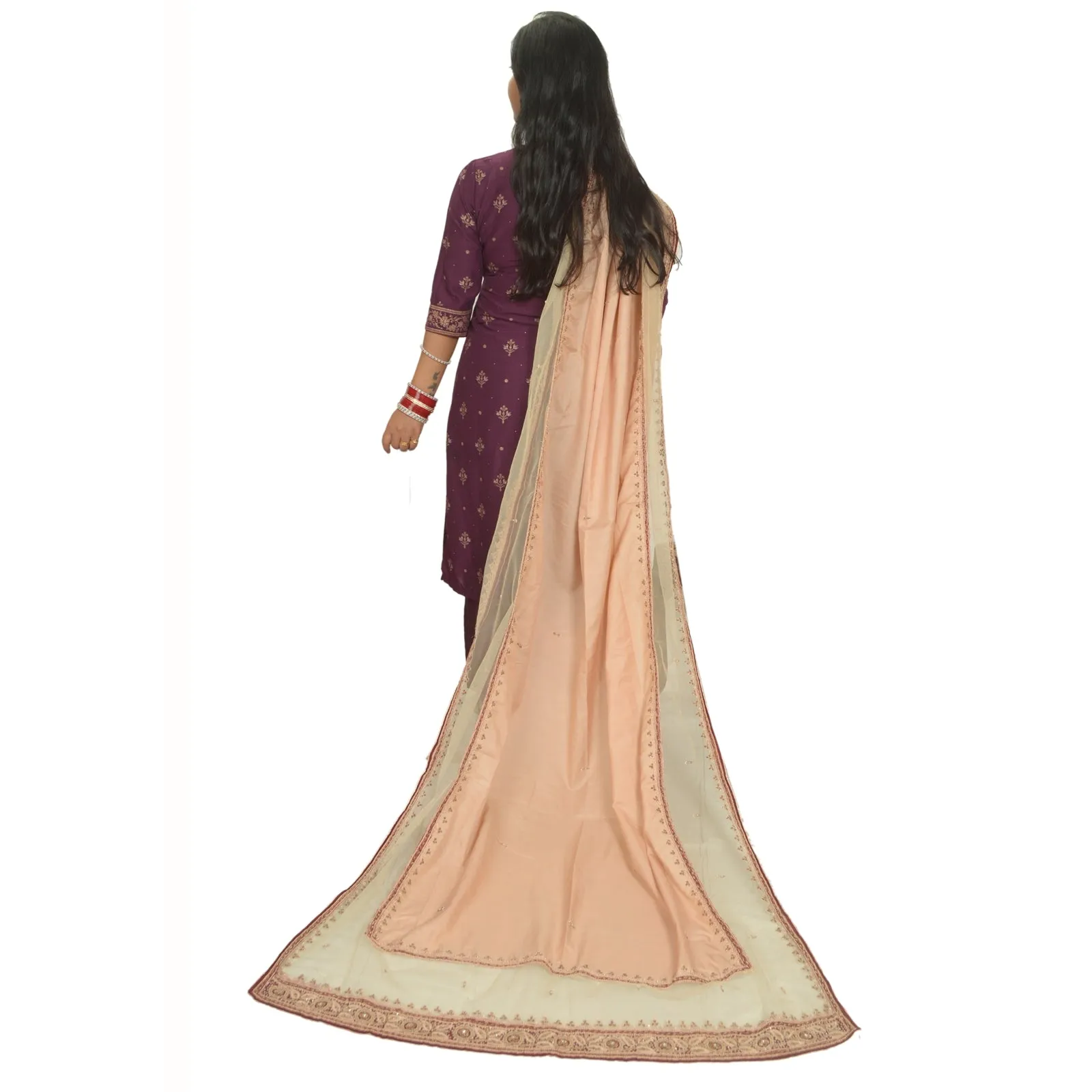 Sanskriti Vintage Long Dupatta Stole Pure Silk Peach Hand Beaded Wrap Scarves