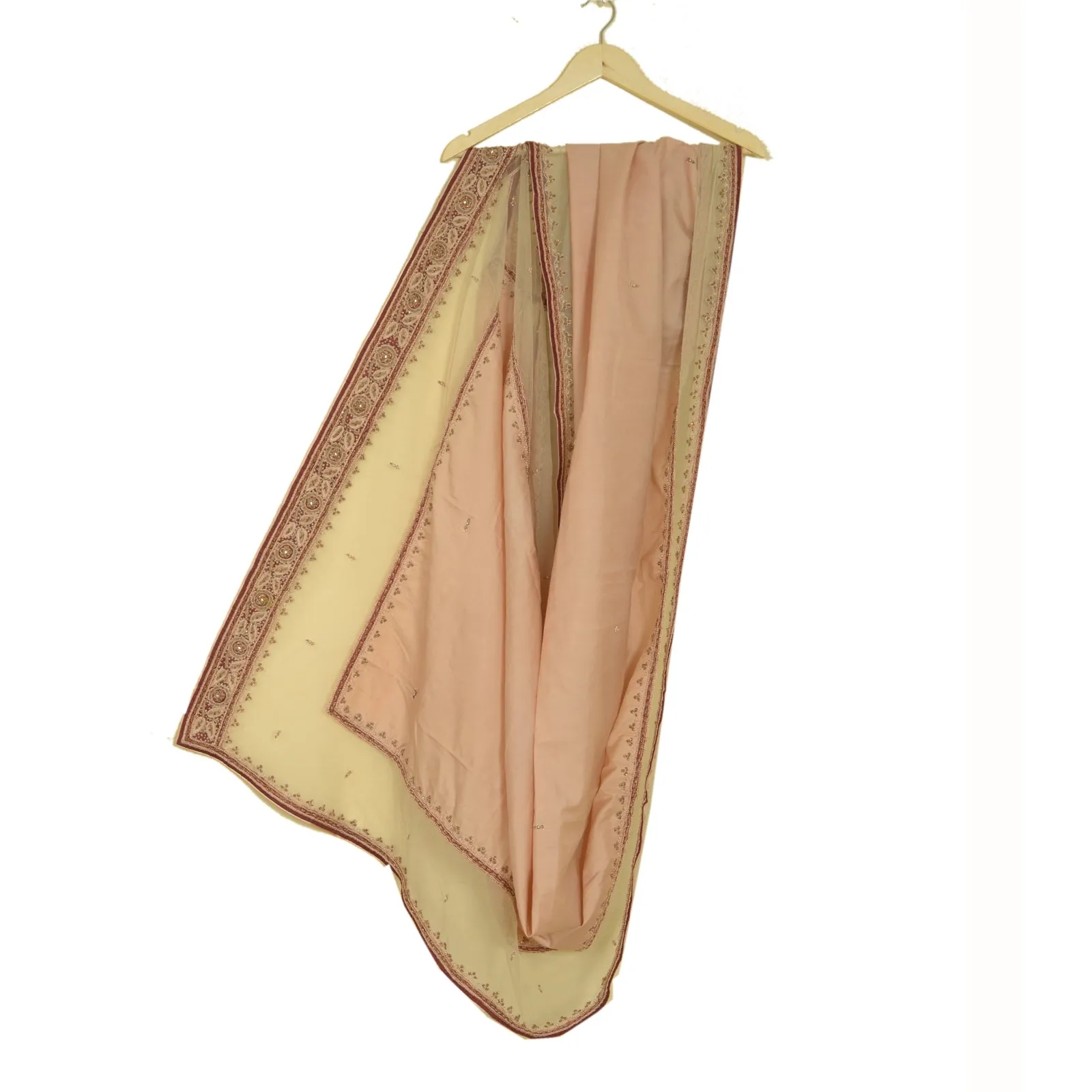 Sanskriti Vintage Long Dupatta Stole Pure Silk Peach Hand Beaded Wrap Scarves