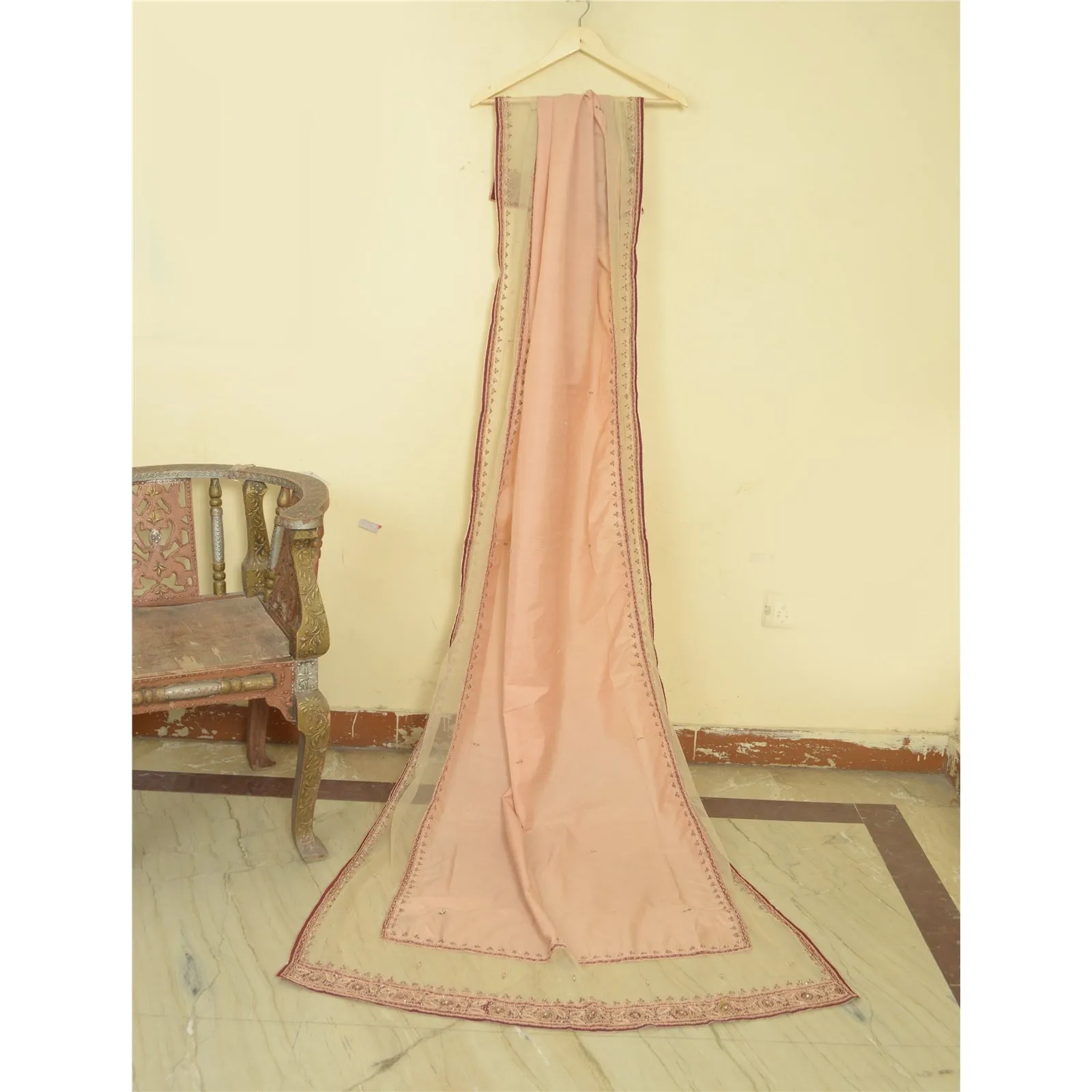 Sanskriti Vintage Long Dupatta Stole Pure Silk Peach Hand Beaded Wrap Scarves