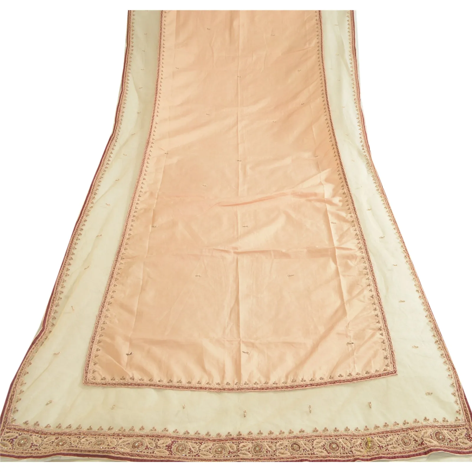 Sanskriti Vintage Long Dupatta Stole Pure Silk Peach Hand Beaded Wrap Scarves