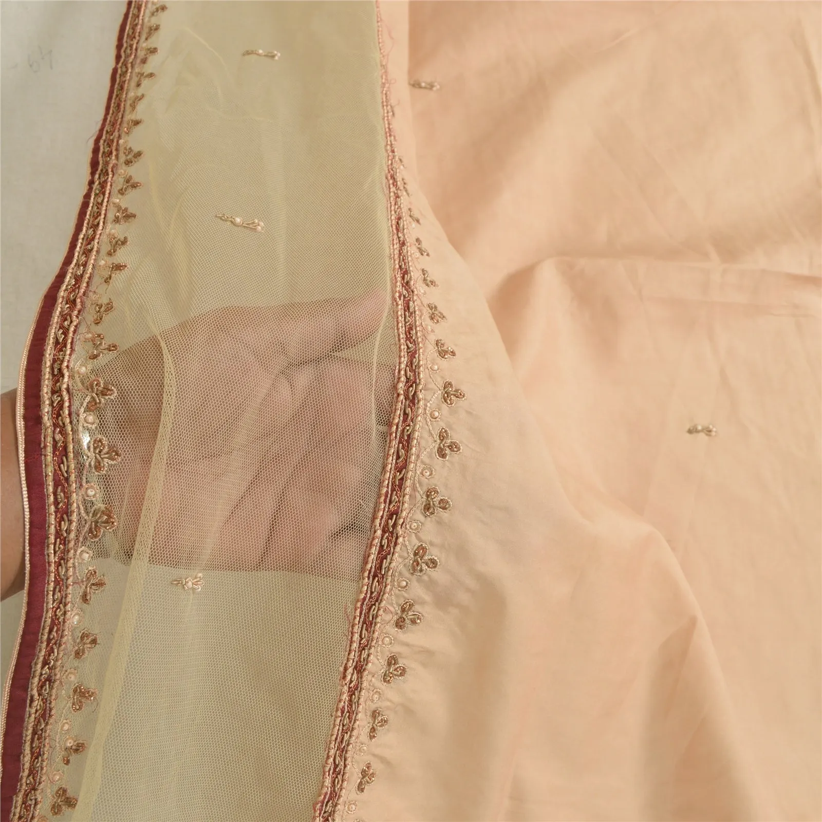 Sanskriti Vintage Long Dupatta Stole Pure Silk Peach Hand Beaded Wrap Scarves