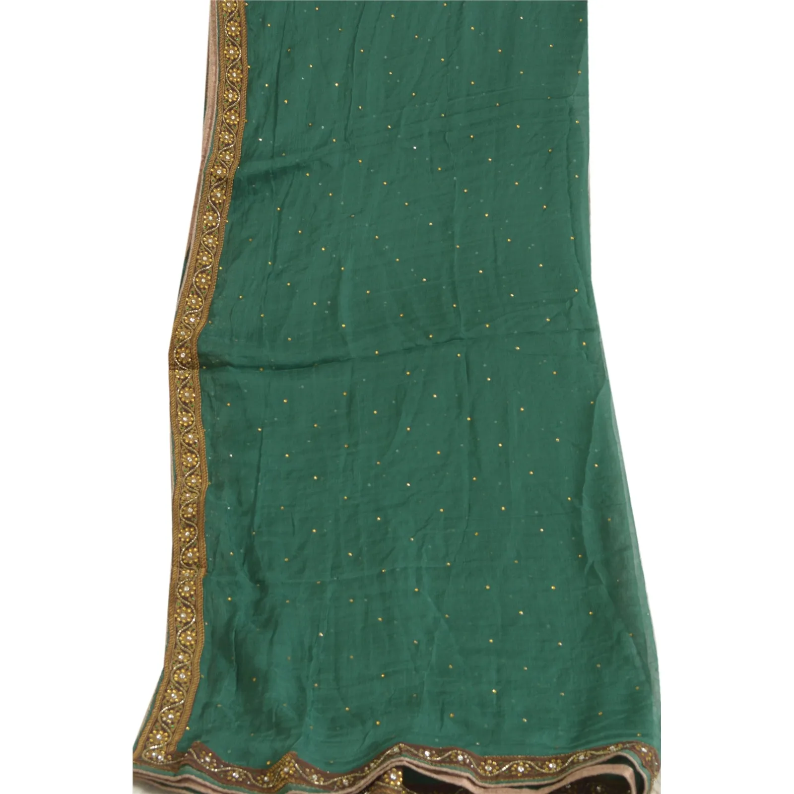 Sanskriti Vintage Long Green Dupatta/Stole Pure Chiffon Silk Hand Beaded Scarves