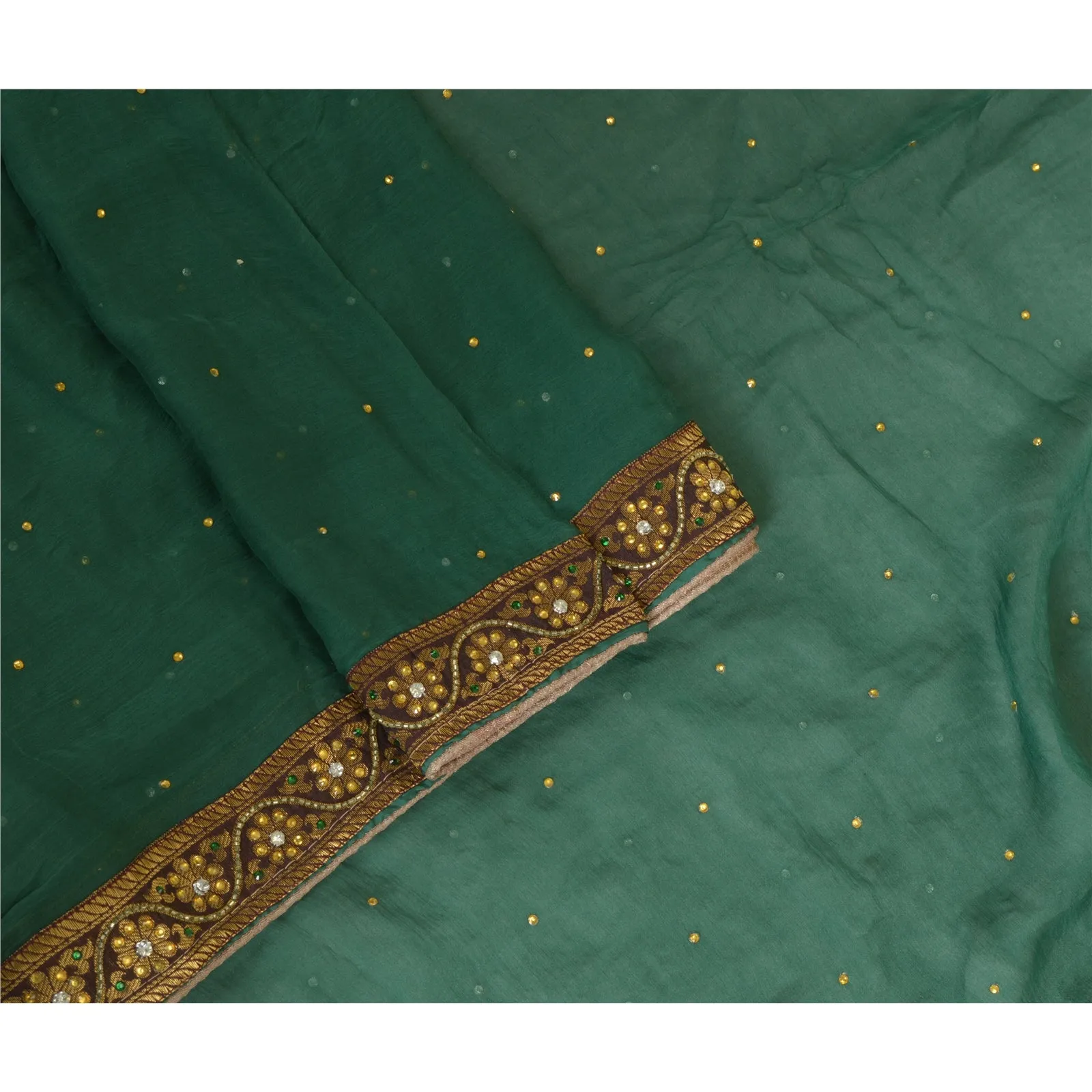 Sanskriti Vintage Long Green Dupatta/Stole Pure Chiffon Silk Hand Beaded Scarves