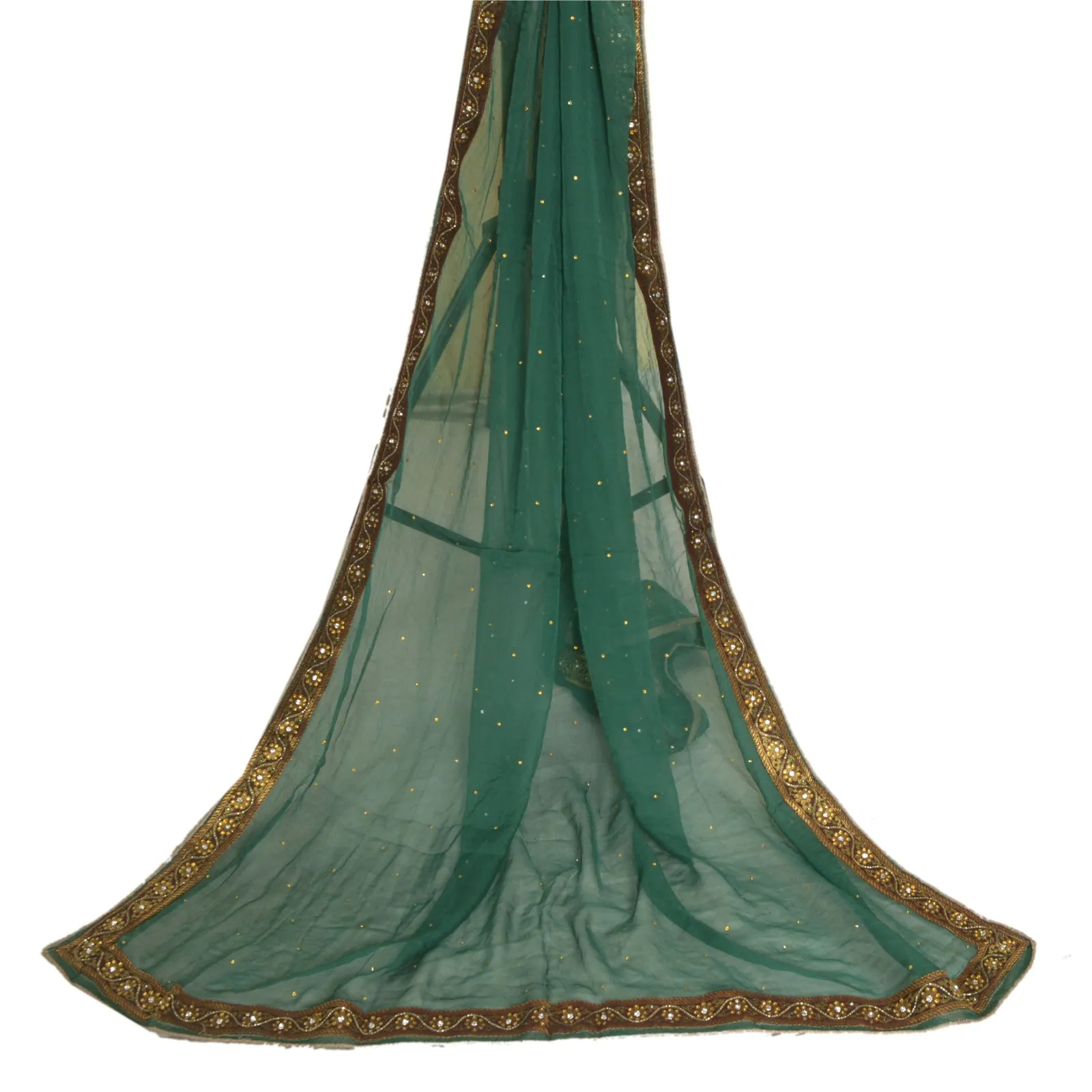 Sanskriti Vintage Long Green Dupatta/Stole Pure Chiffon Silk Hand Beaded Scarves