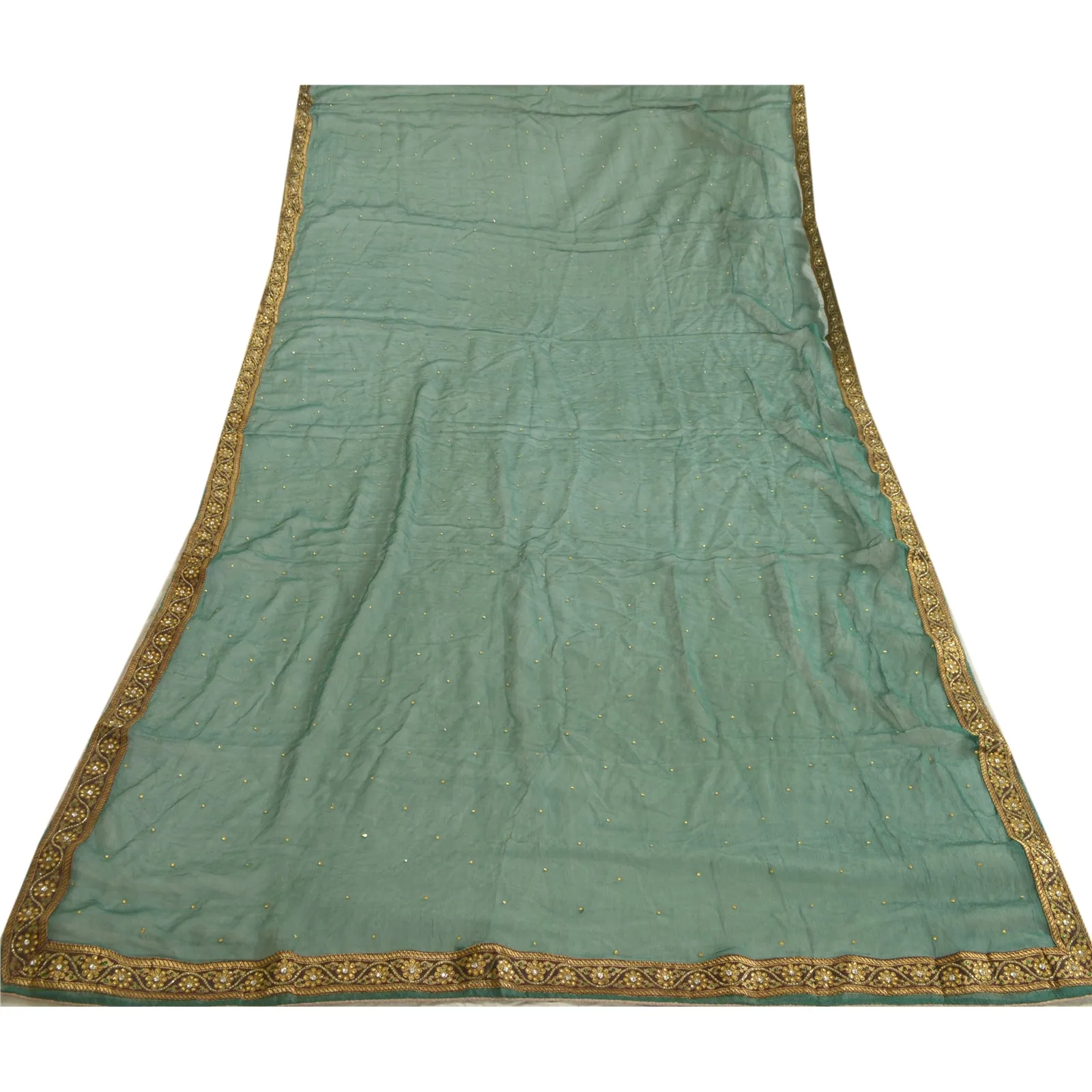 Sanskriti Vintage Long Green Dupatta/Stole Pure Chiffon Silk Hand Beaded Scarves