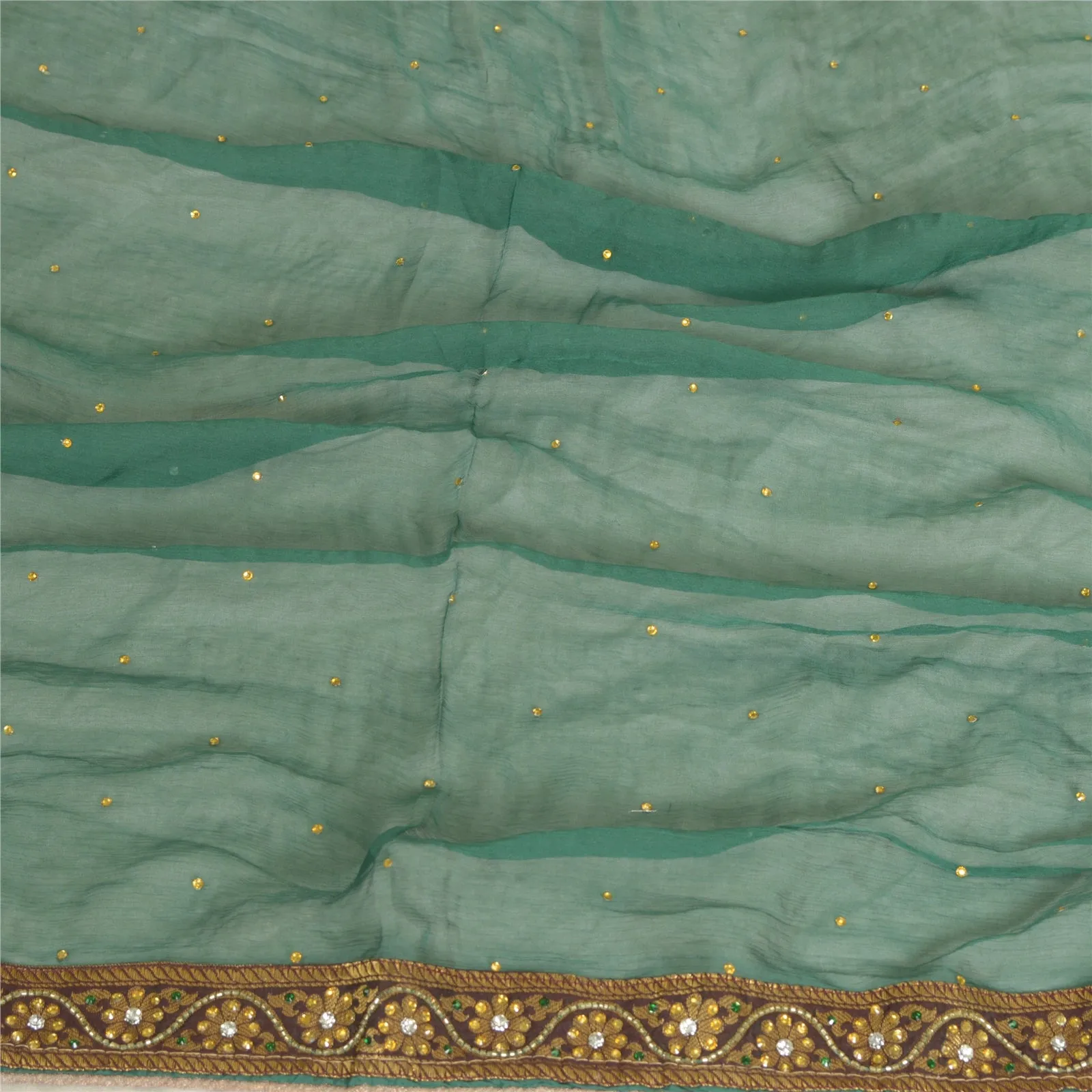 Sanskriti Vintage Long Green Dupatta/Stole Pure Chiffon Silk Hand Beaded Scarves