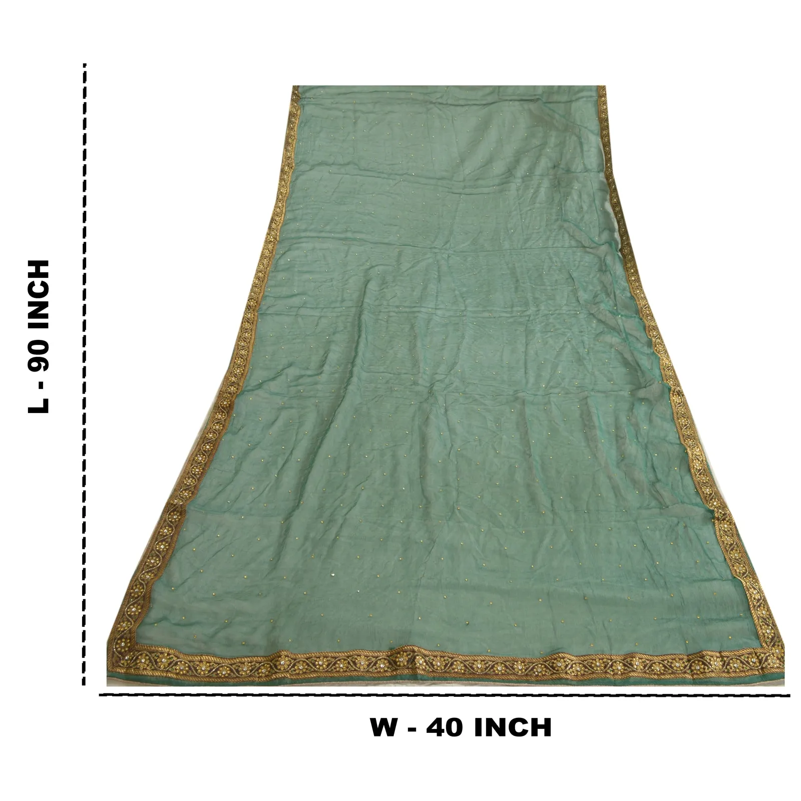 Sanskriti Vintage Long Green Dupatta/Stole Pure Chiffon Silk Hand Beaded Scarves