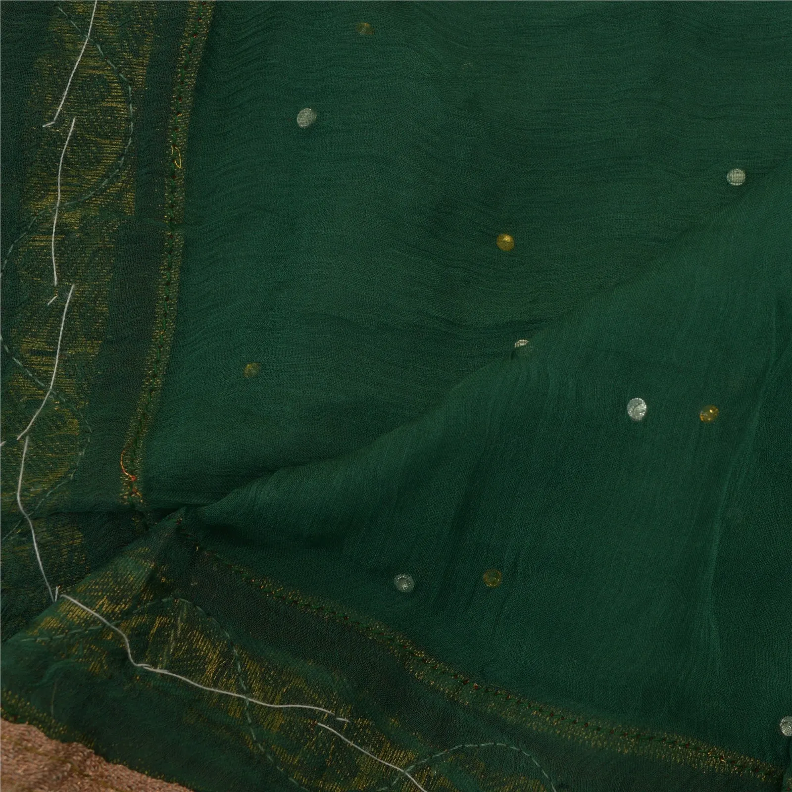 Sanskriti Vintage Long Green Dupatta/Stole Pure Chiffon Silk Hand Beaded Scarves