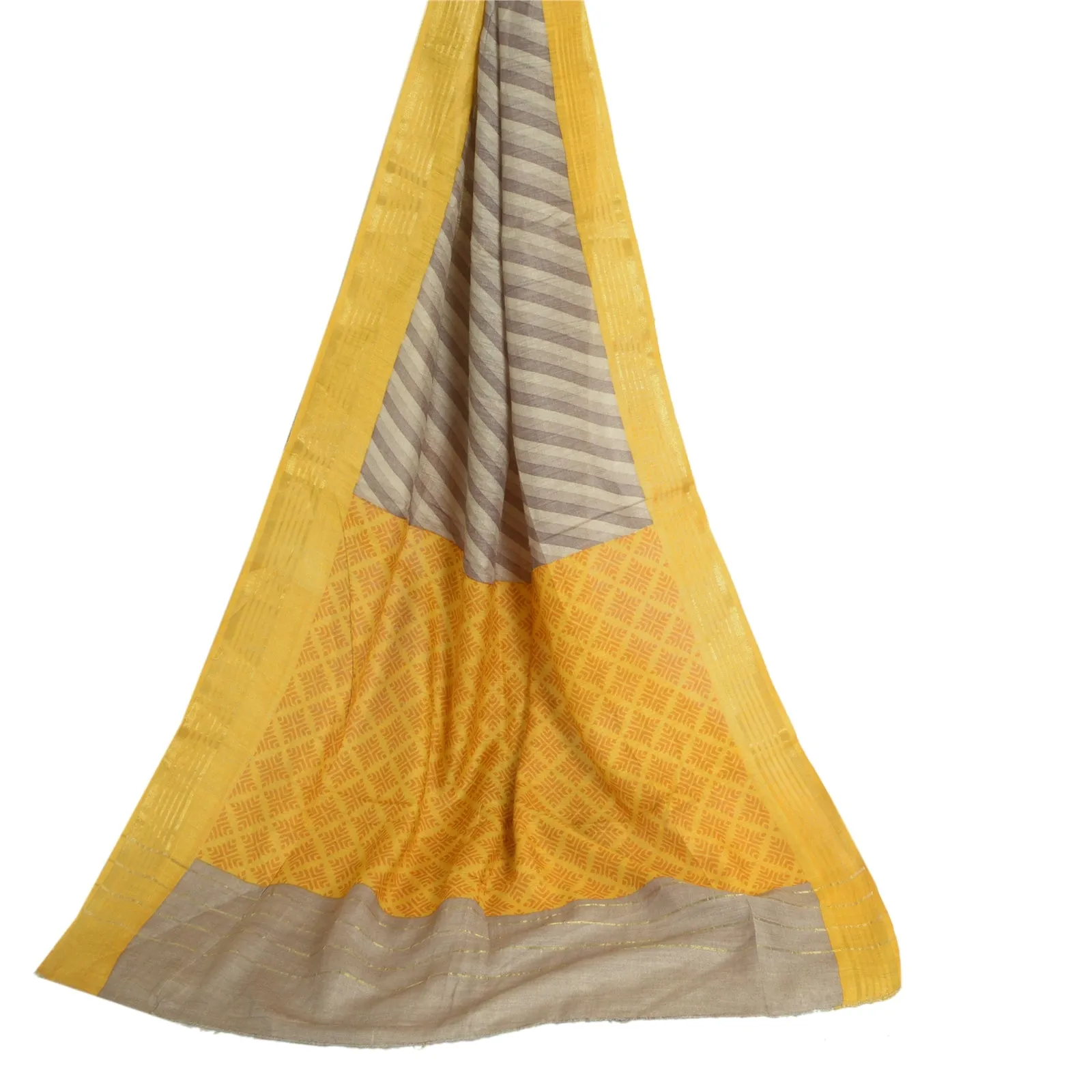 Sanskriti Vintage Long Grey/Yellow Dupatta/Stole Cotton Silk Printed Scarves