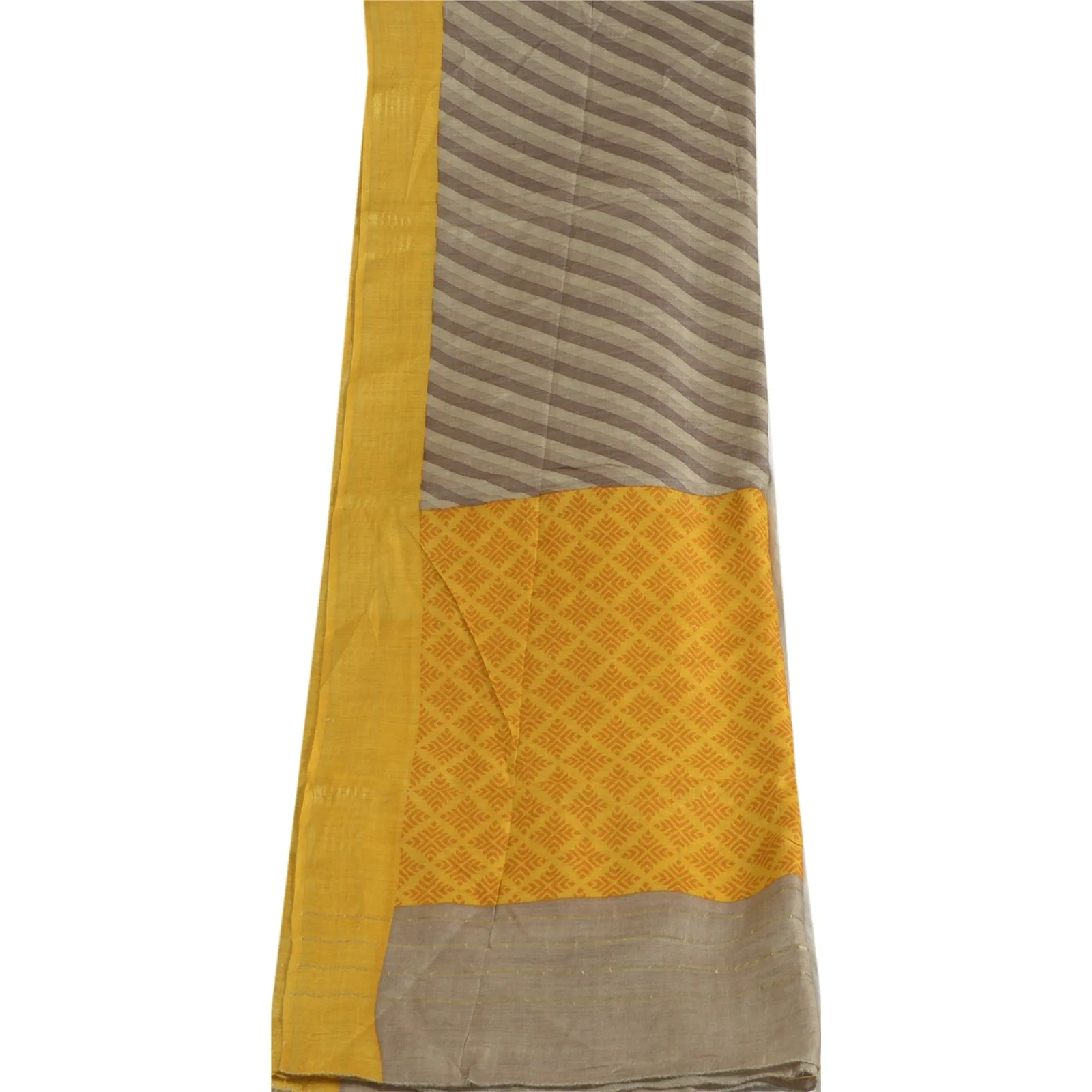 Sanskriti Vintage Long Grey/Yellow Dupatta/Stole Cotton Silk Printed Scarves