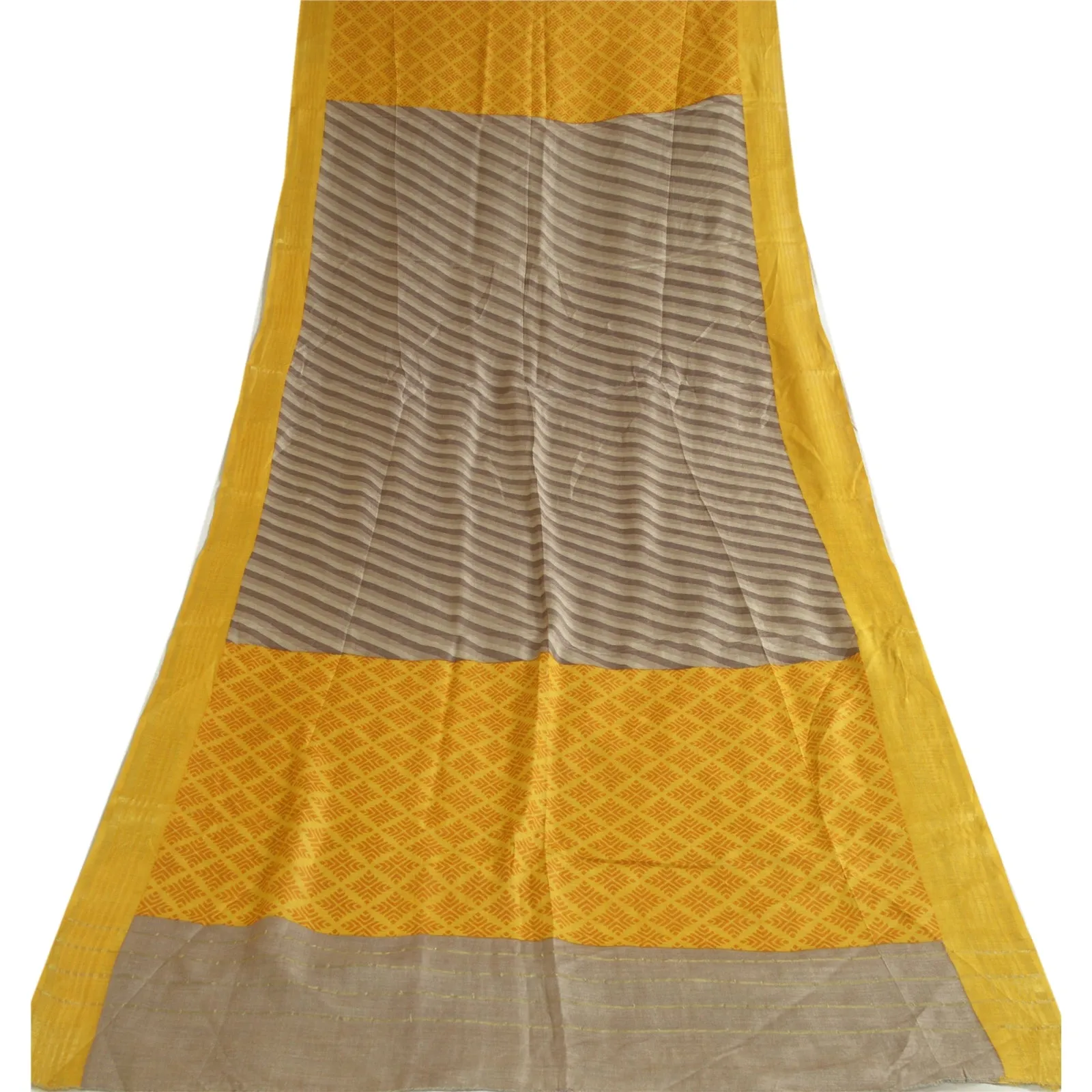 Sanskriti Vintage Long Grey/Yellow Dupatta/Stole Cotton Silk Printed Scarves