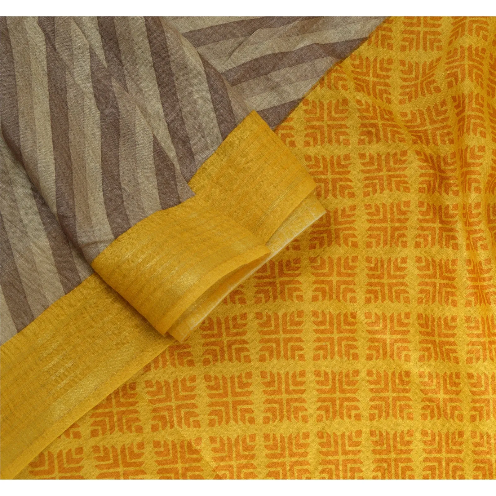 Sanskriti Vintage Long Grey/Yellow Dupatta/Stole Cotton Silk Printed Scarves