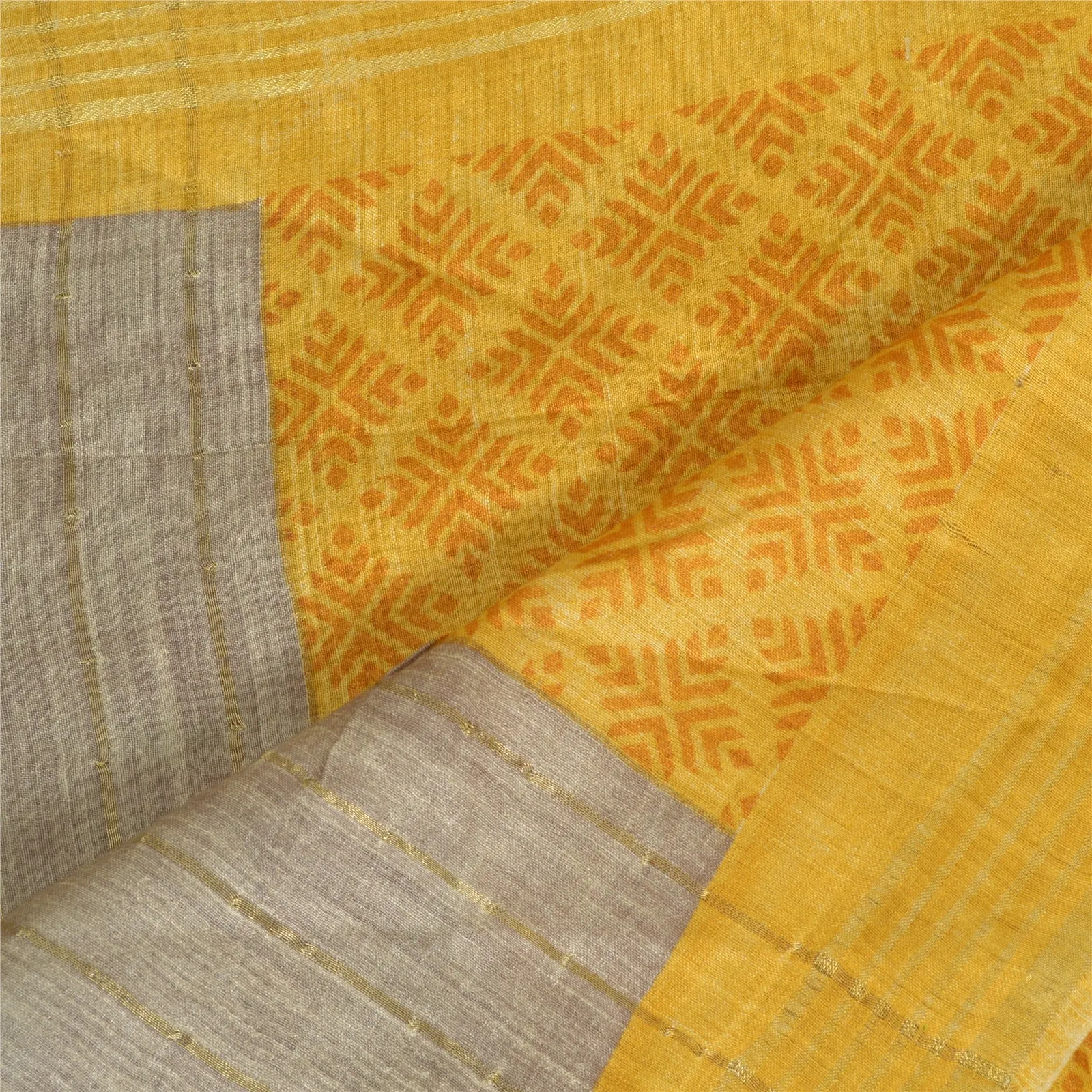 Sanskriti Vintage Long Grey/Yellow Dupatta/Stole Cotton Silk Printed Scarves