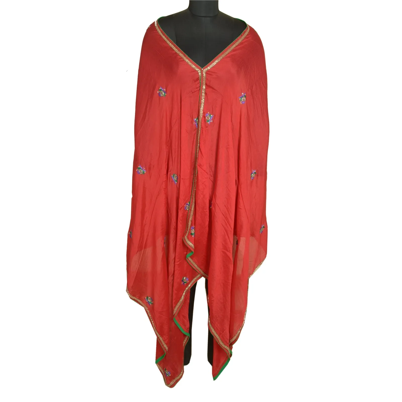 Sanskriti Vintage Long Red Dupatta/Stole Pure Chiffon Silk Hand Beaded Scarves