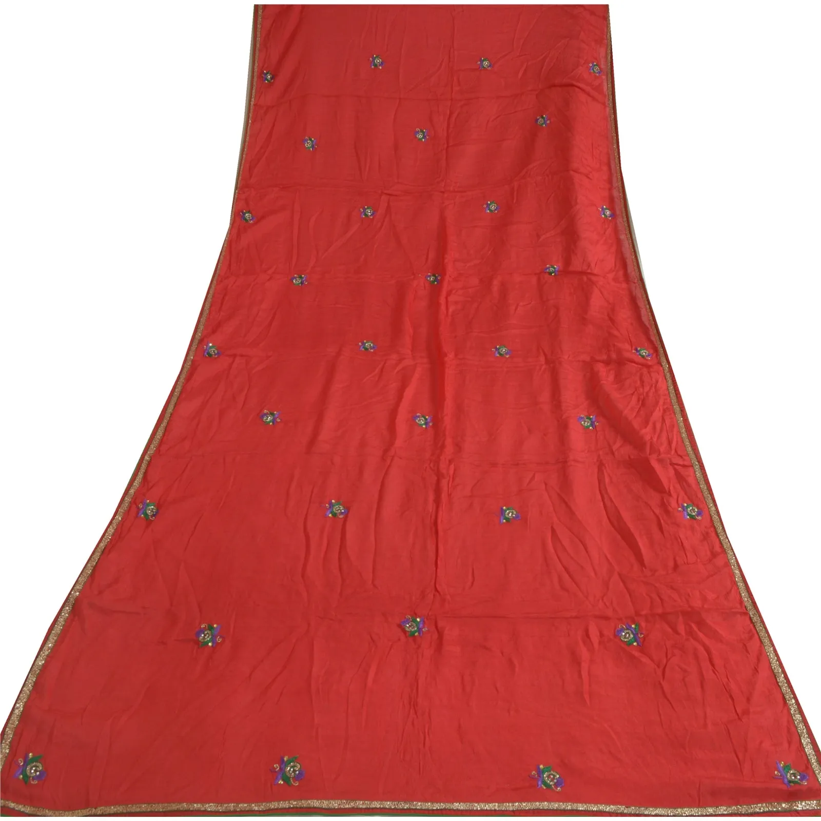 Sanskriti Vintage Long Red Dupatta/Stole Pure Chiffon Silk Hand Beaded Scarves