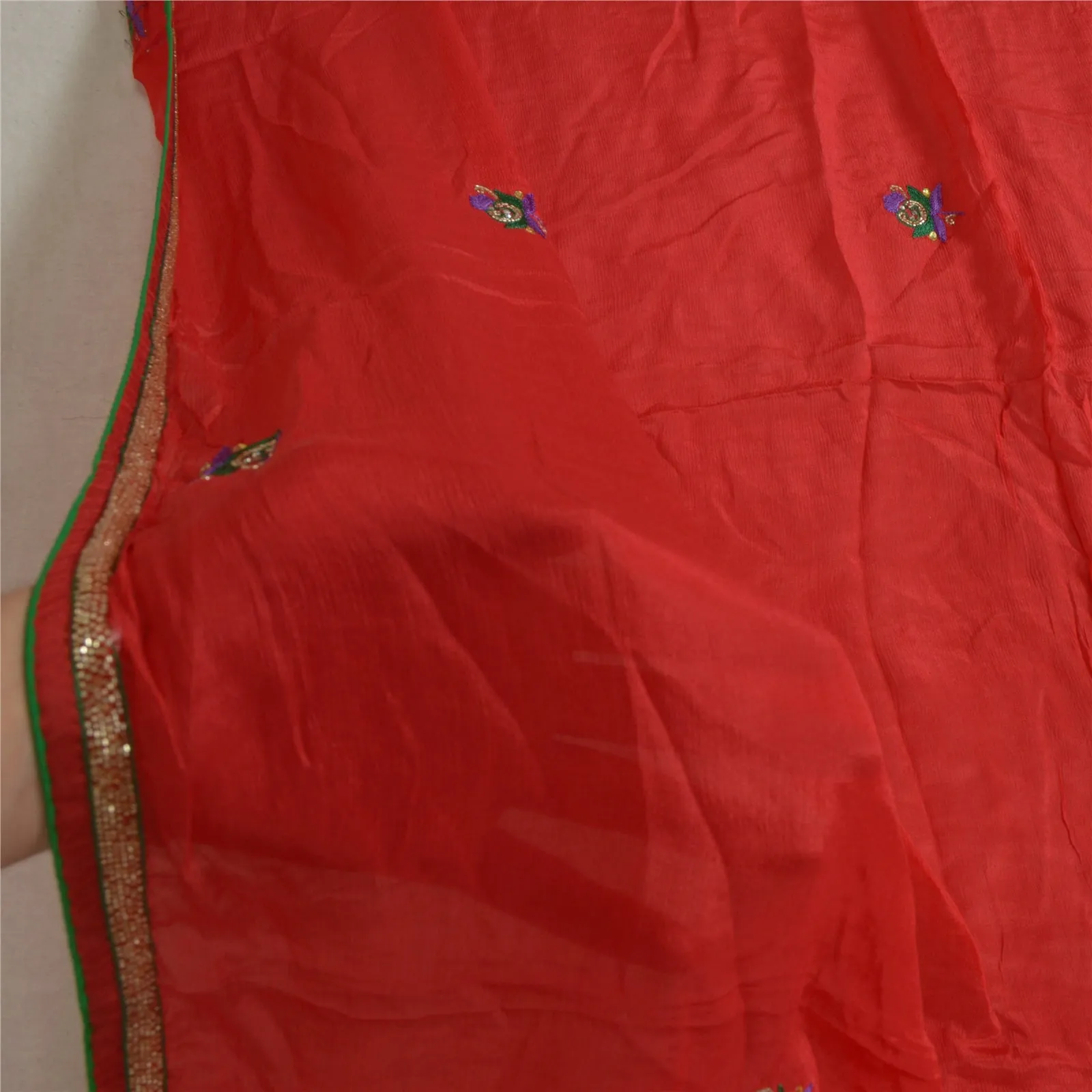 Sanskriti Vintage Long Red Dupatta/Stole Pure Chiffon Silk Hand Beaded Scarves