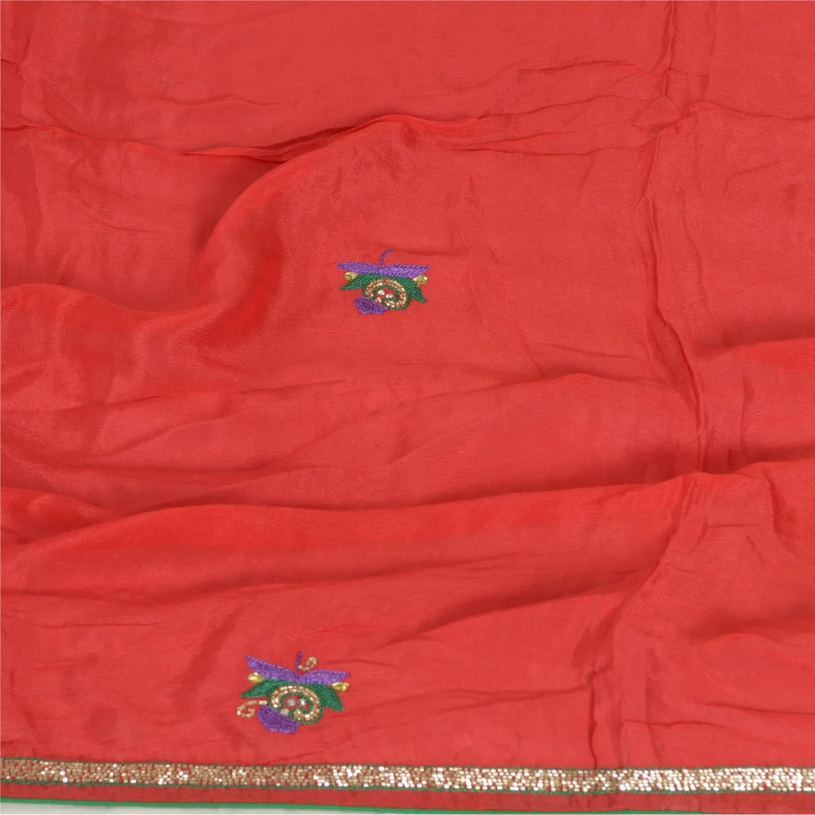 Sanskriti Vintage Long Red Dupatta/Stole Pure Chiffon Silk Hand Beaded Scarves