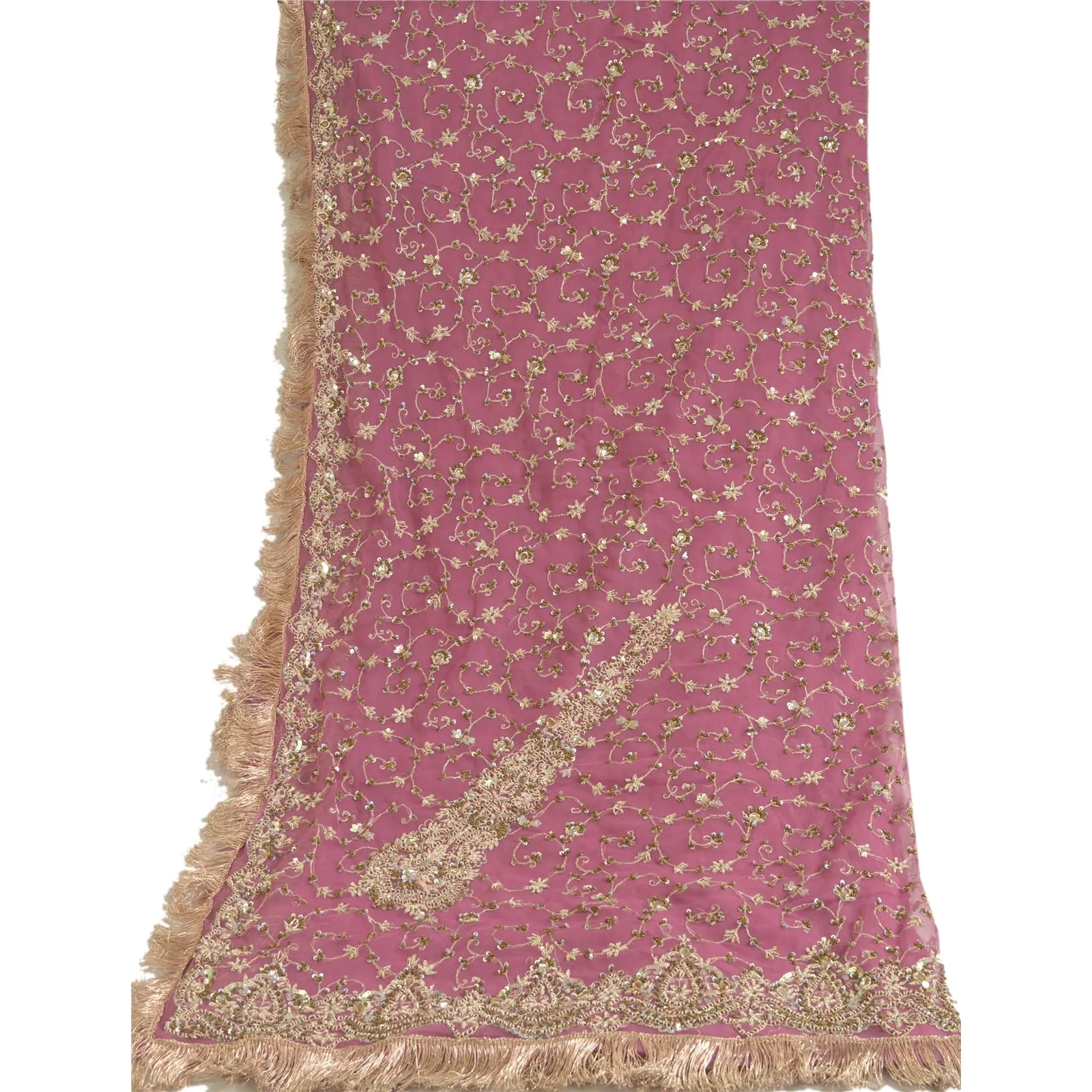 Sanskriti Vintage Pink Long Dupatta Stole Net Mesh Veil Hand Beaded Scarves