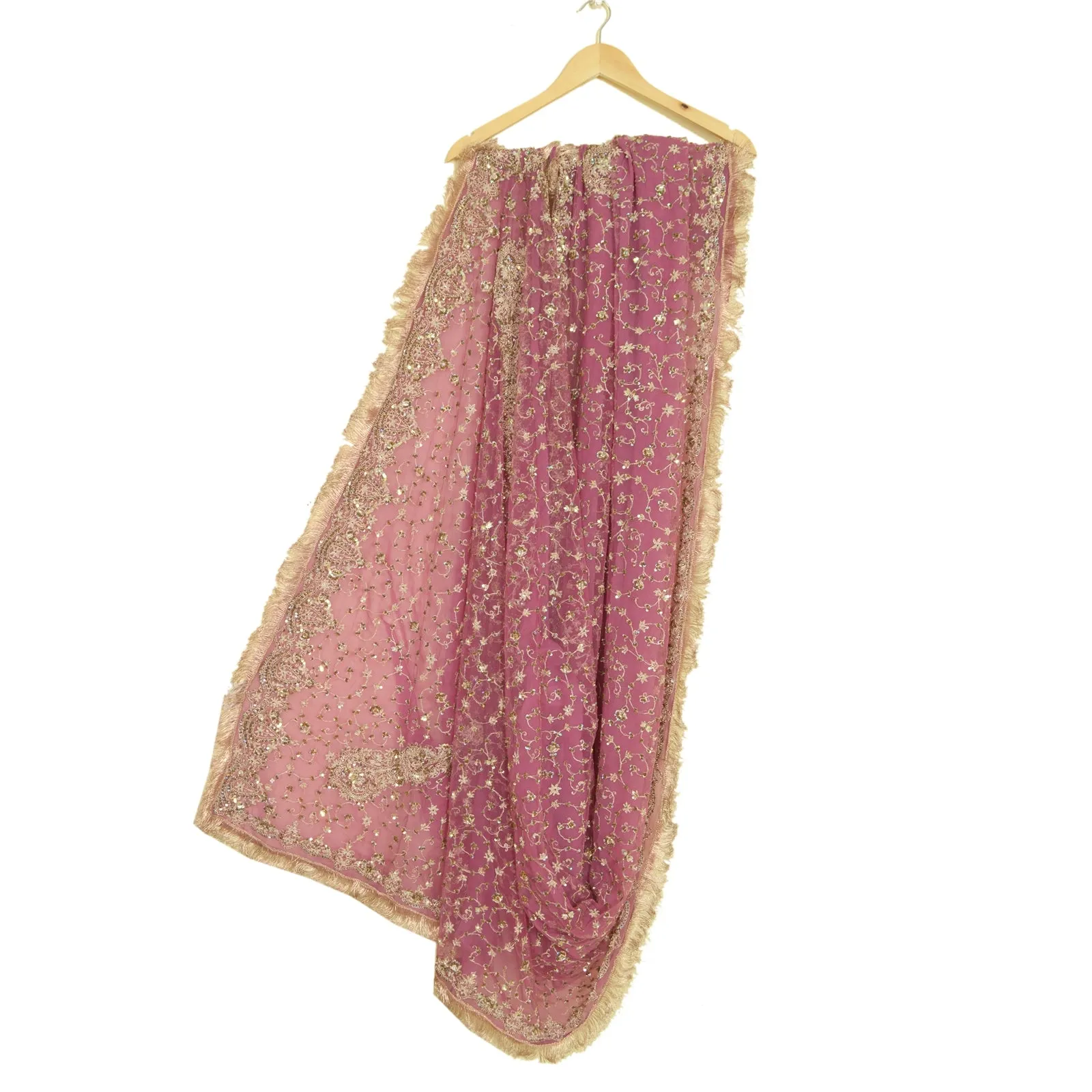 Sanskriti Vintage Pink Long Dupatta Stole Net Mesh Veil Hand Beaded Scarves