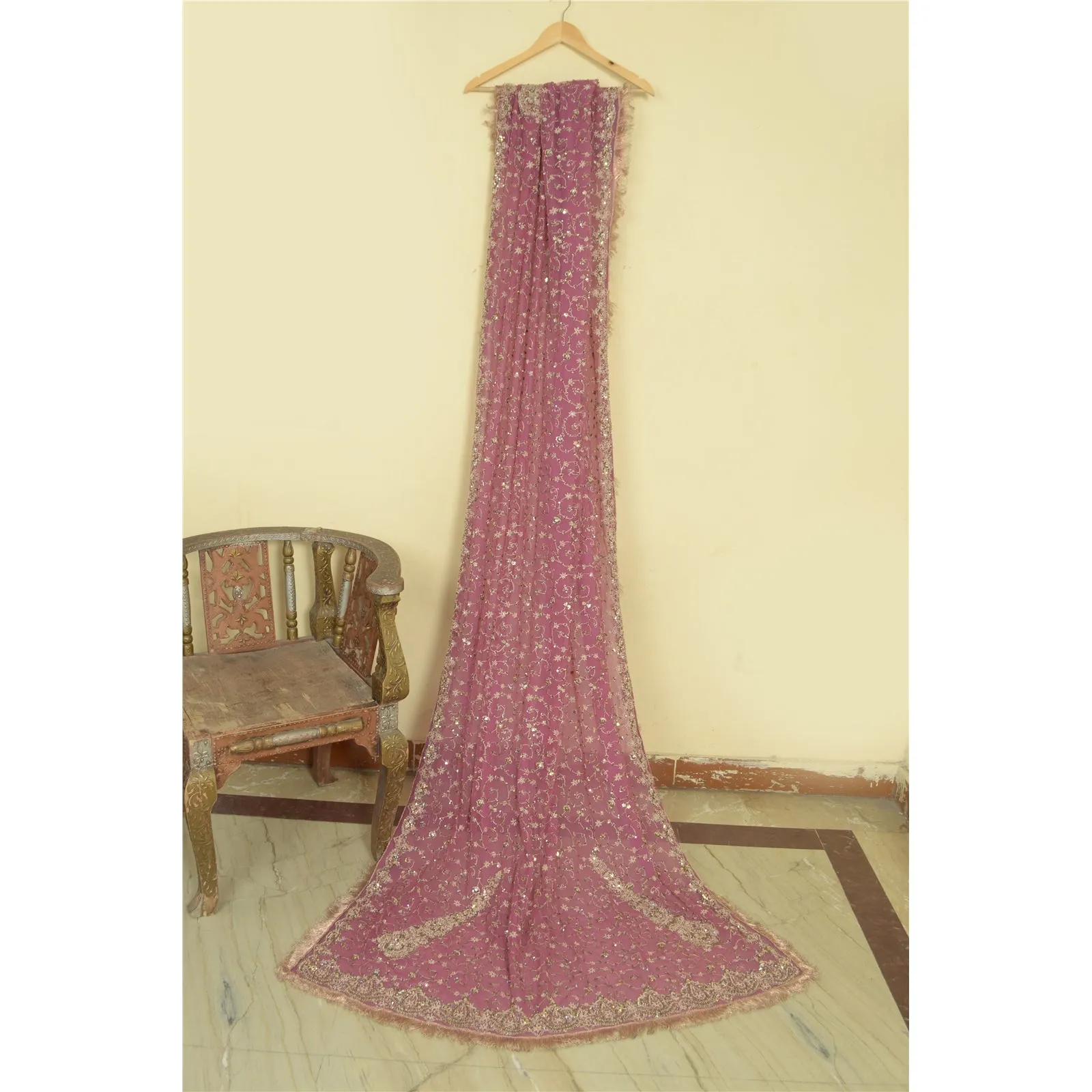 Sanskriti Vintage Pink Long Dupatta Stole Net Mesh Veil Hand Beaded Scarves