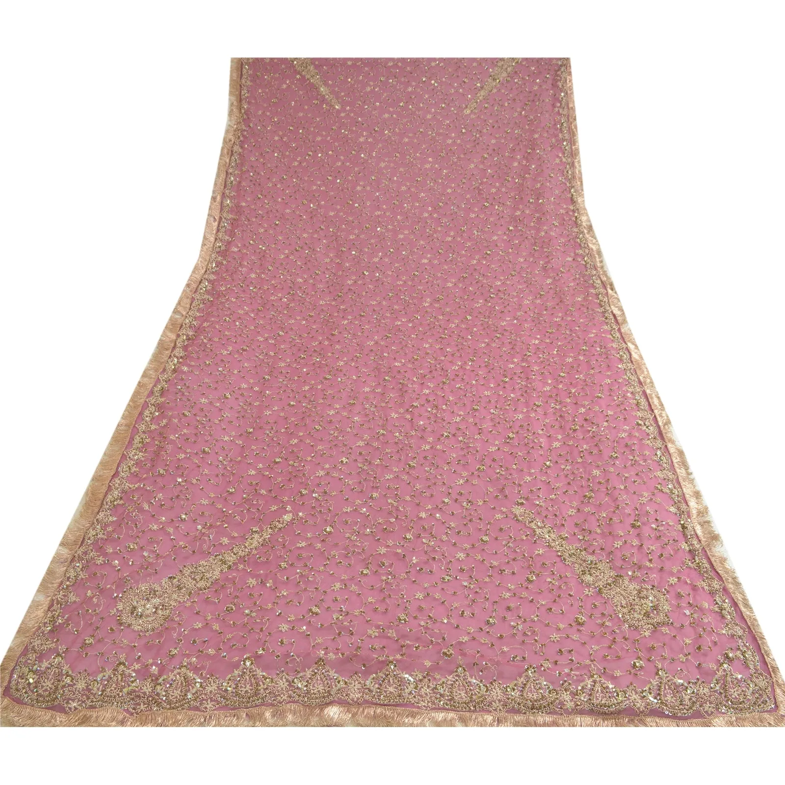 Sanskriti Vintage Pink Long Dupatta Stole Net Mesh Veil Hand Beaded Scarves