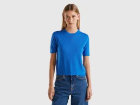 Short sleeve sweater in pure Merino wool - Light Blue | Benetton